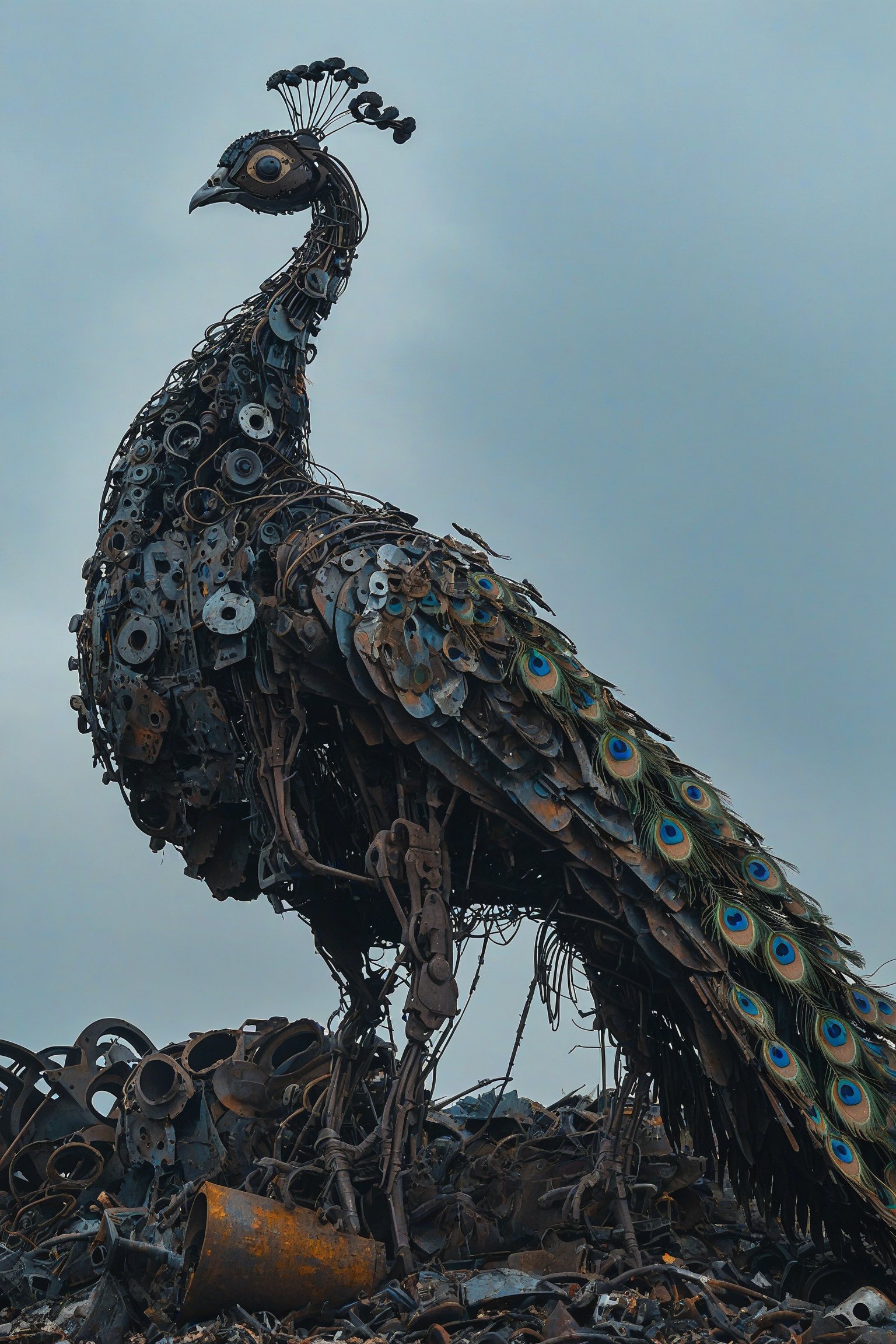 A towering, intricately constructed mechanical peacock standing atop a mound of discarded metal and debris. The peacock appears to be made of various metal parts, wires, and tools, giving it a skeletal and mechanical appearance. The background is overcast, adding a somber and post-apocalyptic feel to the scene.