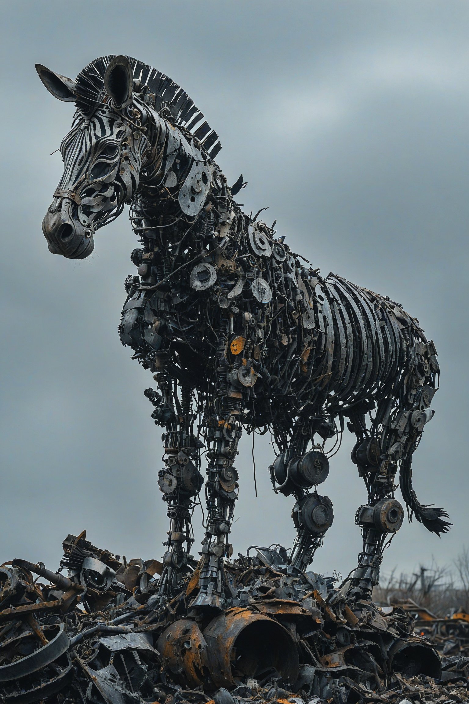 A towering, intricately constructed mechanical zebra standing atop a mound of discarded metal and debris. The zebra appears to be made of various metal parts, wires, and tools, giving it a skeletal and mechanical appearance. The background is overcast, adding a somber and post-apocalyptic feel to the scene.