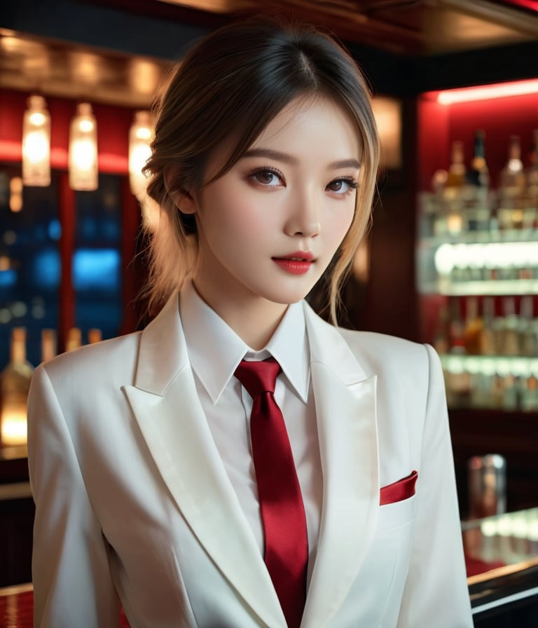 masterpiece, high quality, realistic aesthetic photo ,(HDR:1.2), pore and detailed, intricate detailed, graceful and beautiful textures, RAW photo, 16K, sharp forcus, high-contrast, cinematic lighting, in the luxury night-bar, beautiful model girl, light blond black medium hair, detailed eyes, white tuxedo over white collread shirt, red tie, standing at the counter,Indian girl 