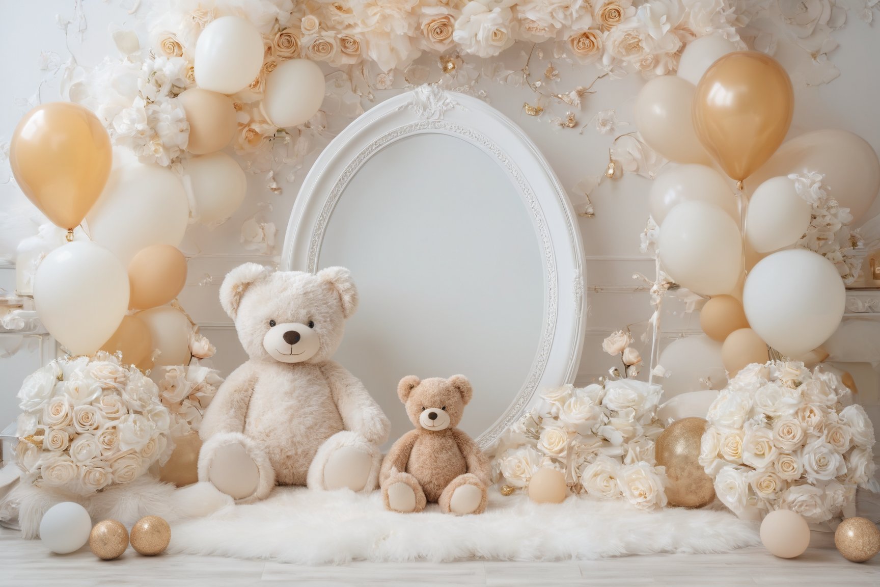 A serene and elegant setting, dominated by soft pastel colors. Two teddy bears, one larger and one smaller, are seated in the foreground, with the larger one positioned in front of an oval mirror frame. Surrounding them are balloons in shades of white, gold, and beige, some of which are adorned with decorative elements like sequins. The floor is carpeted with a fluffy white material, and scattered around are white roses and daisies. The backdrop features white walls with an ornate design, adding to the luxurious ambiance of the scene.
