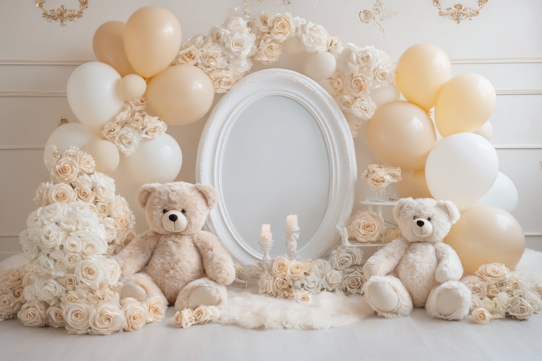 A serene and elegant setting, dominated by soft pastel colors. Two teddy bears, one larger and one smaller, are seated in the foreground, with the larger one positioned in front of an oval mirror frame. Surrounding them are balloons in shades of white, gold, and beige, some of which are adorned with decorative elements like sequins. The floor is carpeted with a fluffy white material, and scattered around are white roses and daisies. The backdrop features white walls with an ornate design, adding to the luxurious ambiance of the scene.