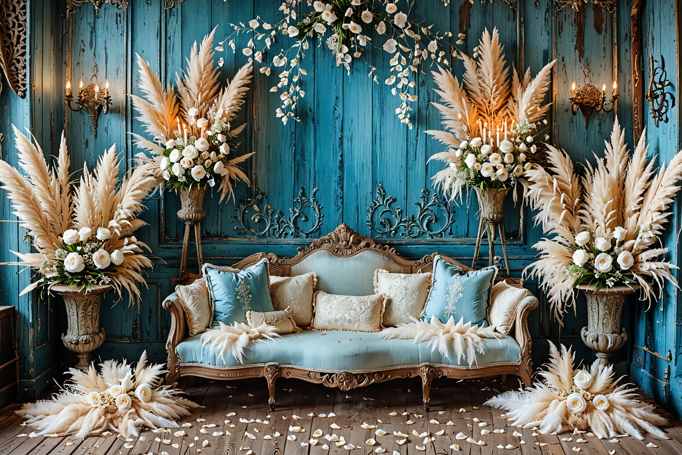 A vintage-styled room with a blue wooden wall adorned with ornate wall sconces. A floral arrangement hangs from the ceiling, and tall pampas grass stands majestically on either side of the room. In the center, there's a plush, antique-looking sofa with white and beige cushions. Scattered around the sofa are white rose petals on the wooden floor, and a few candles provide a soft glow. The overall ambiance is romantic and serene.