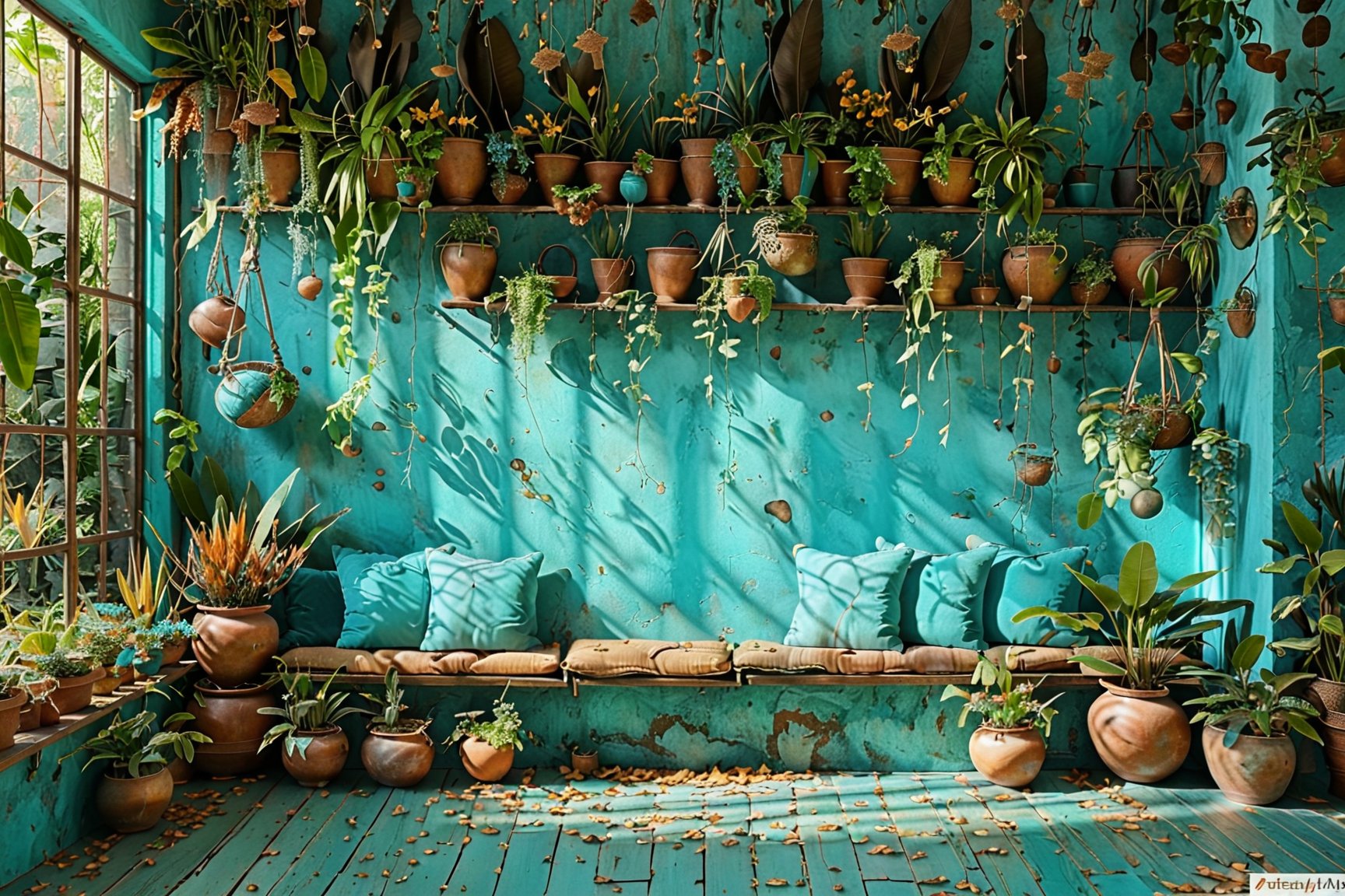 A cozy indoor space with a rustic ambiance. A turquoise wall serves as the backdrop, adorned with hanging plants and pots. A wooden bench with cushions is placed against the wall, surrounded by various potted plants. The floor is wooden and scattered with fallen leaves, adding to the autumnal feel. A large window on the left lets in natural light, illuminating the space and casting shadows. The room exudes warmth, comfort, and a connection to nature.