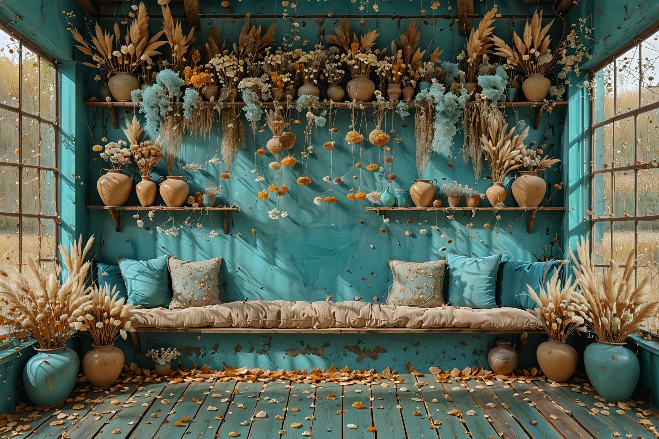A cozy indoor setting with a rustic aesthetic. Dominated by a teal-colored wall, the space is adorned with dried flowers in various pots and vases, some hanging from the ceiling and others placed on shelves. A comfortable seating area is present with cushions in neutral tones. The floor is wooden and scattered with dried flower petals. A large window on the left allows natural light to flood in, revealing an outdoor view of trees with autumn leaves.