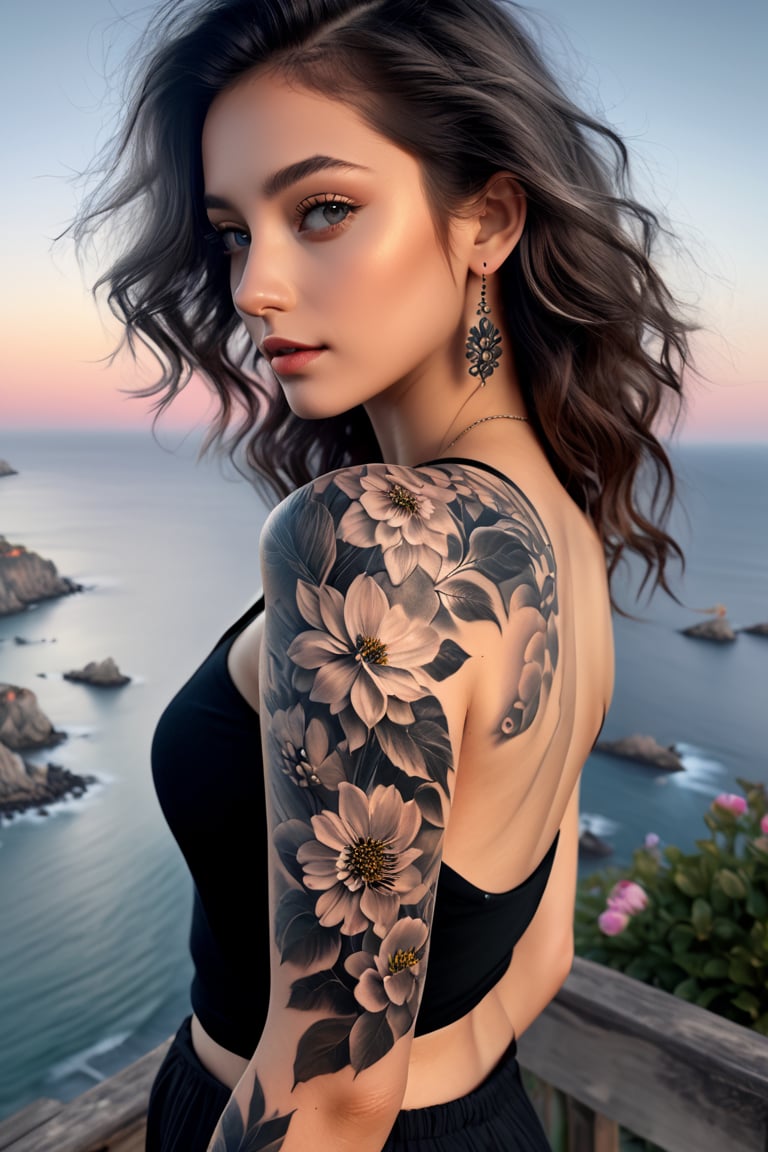  masterpiece of photorealism, photorealistic highly detailed 8k photography, best hyperrealistic quality, volumetric lighting and shadows, young woman in fullsleevetattoo stattoo, perm gray, Coastal Villages at Dawn, Time-Lapse of Flowers Blooming