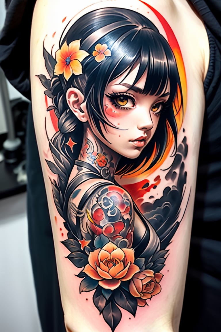 beautiful mixed detail tattoo,  tattoo of, arm tattoo, anime girl tattoo