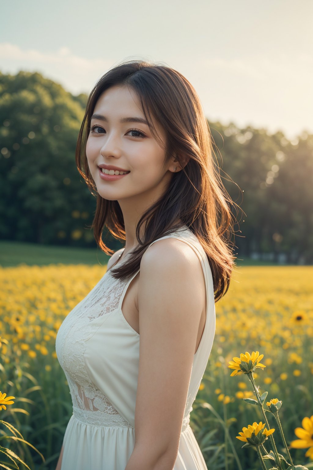 (realistic:1.3), finely detailed, best quality, (masterpiece:1.2), (detailed skin:1.3) , (intricate details), ray tracing, dramatic, 1girl, (cute Ethereal Female), light smile, (film grain:1.2), Field, Meadow, Landscape, Farming, Sunshine, Flowers
