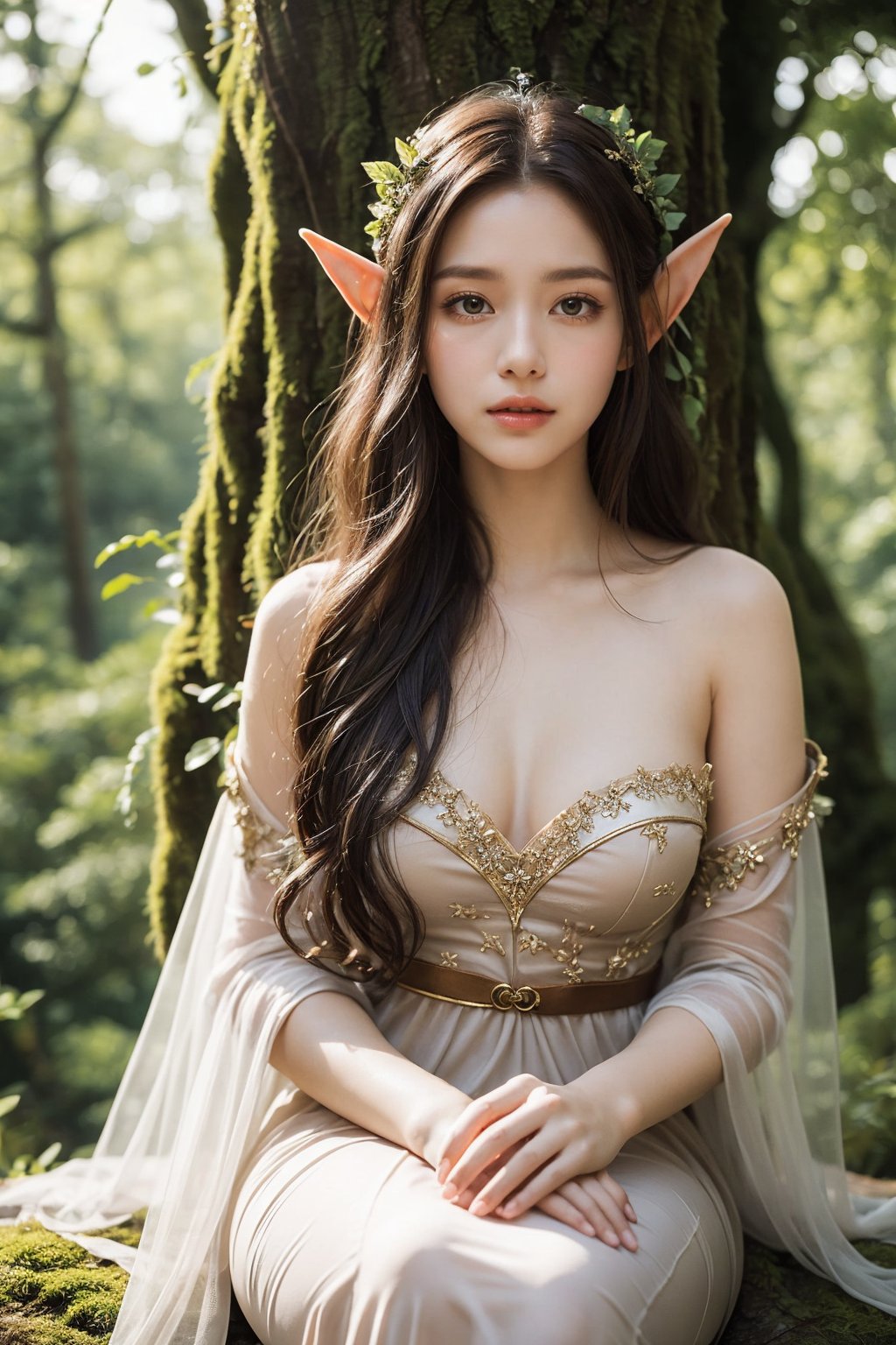 era elf, (queen elves sit on the treetops:1.2), enchanting beauty, (fantasy), (elf mother tree), (world tree), ethereal glow, pointed ears, delicate facial features, long elegant hair, mystical ambiance, soft lighting, harmonious with nature, subtle magical elements, serene, dreamlike quality, pastel colors, (castle)