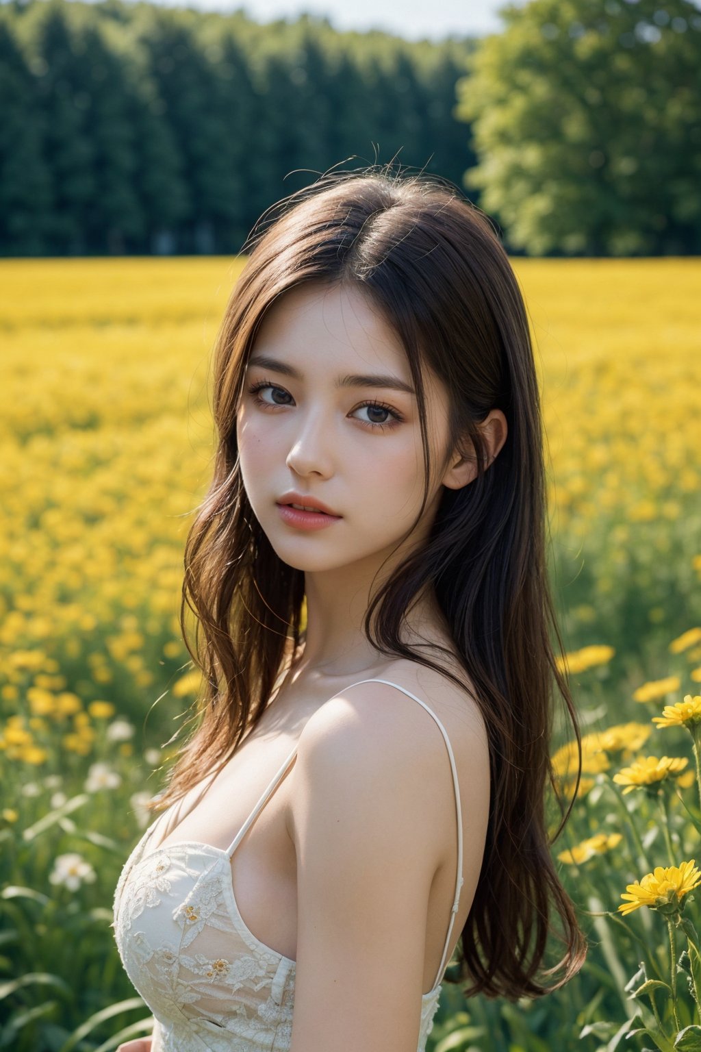 (realistic:1.3) , finely detailed, quality, (masterpiece:1.2) , (photorealistic:1.2) , (best quality) , (detailed skin:1.3) , (intricate details) , ray tracing, dramatic, 1 girl, (cute Ethereal Female), (film grain:1.2), Field, Meadow, Landscape, Farming, Sunshine, Flowers, Butterfly