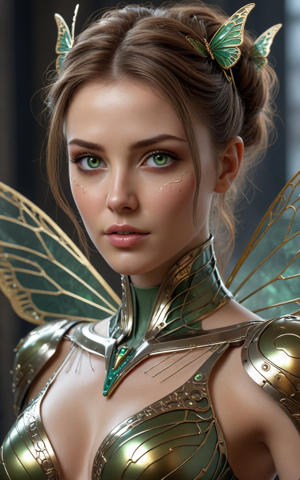 (best quality,8K,highres,masterpiece), ultra-detailed, (portrait of a stunning beauty woman, a beautiful cyborg with brown hair and sharp green eyes), an enchanting portrait capturing the beauty of a cyborg woman with striking brown hair and sharp green eyes. Her features are intricate and elegant, with every detail meticulously rendered to showcase her majestic presence. The portrait is captured through digital photography, allowing for the highest level of detail and realism. Adorning her cyborg form are delicate gold butterfly filigree accents, adding a touch of ethereal beauty to her appearance. Translucent fairy wings extend from her back, hinting at her otherworldly nature and grace. Surrounding her is a shattered glass motif, symbolizing both her fractured humanity and her resilience. This artwork captures the juxtaposition of beauty and technology, inviting the viewer to explore the depths of her character and identity. Feel free to add your own creative touches to enhance the realism and detail of this captivating portrait.