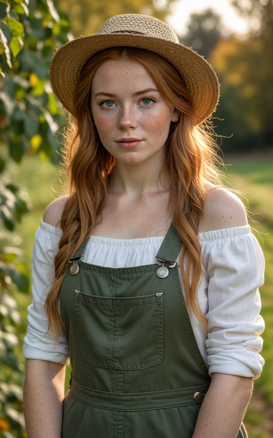 (best quality, 4k, 8k, highres, masterpiece:1.2), ultra-detailed, 1girl, portrait of a beautiful young Celtic farmer, wearing dungarees, off the shoulder, in autumn orchard, autumn, fall, fall leaves, sunset, golden hour, (ginger hair:1.3), (absurdly long hair:1.4), (thick hair:1.2),braids, straw hat, shiny hair, glossy hair, (freckles:1.3), beautiful green-eyes, atmospheric, ultra detailed, hyper realistic, (depth of field:1.3),Bokeh,Chiaroscuro Lighting Style