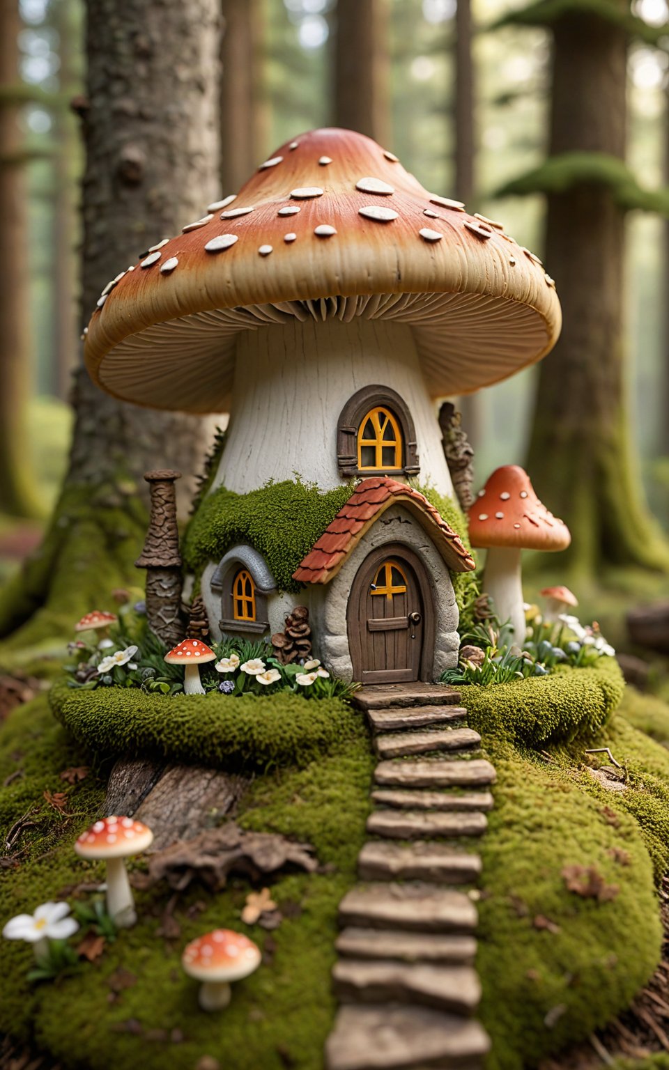 (best quality, 4k, 8k, highres, masterpiece:1.2), ultra-detailed,A whimsical, fairy tale-inspired mushroom house nestled in a lush, enchanted forest, enhanced with a tilt-shift photography effect. The tiny house features a moss-covered, cone-shaped roof with small, glowing windows that emit a warm, inviting light. Surrounding the house are vibrant mushrooms and delicate flowers, with additional moss and lichen adding texture and a sense of age. The tilt-shift effect creates a miniature, diorama-like appearance, focusing on the intricate details of the house while softly blurring the forest background. The setting exudes a sense of wonder and enchantment, perfect for a storybook illustration