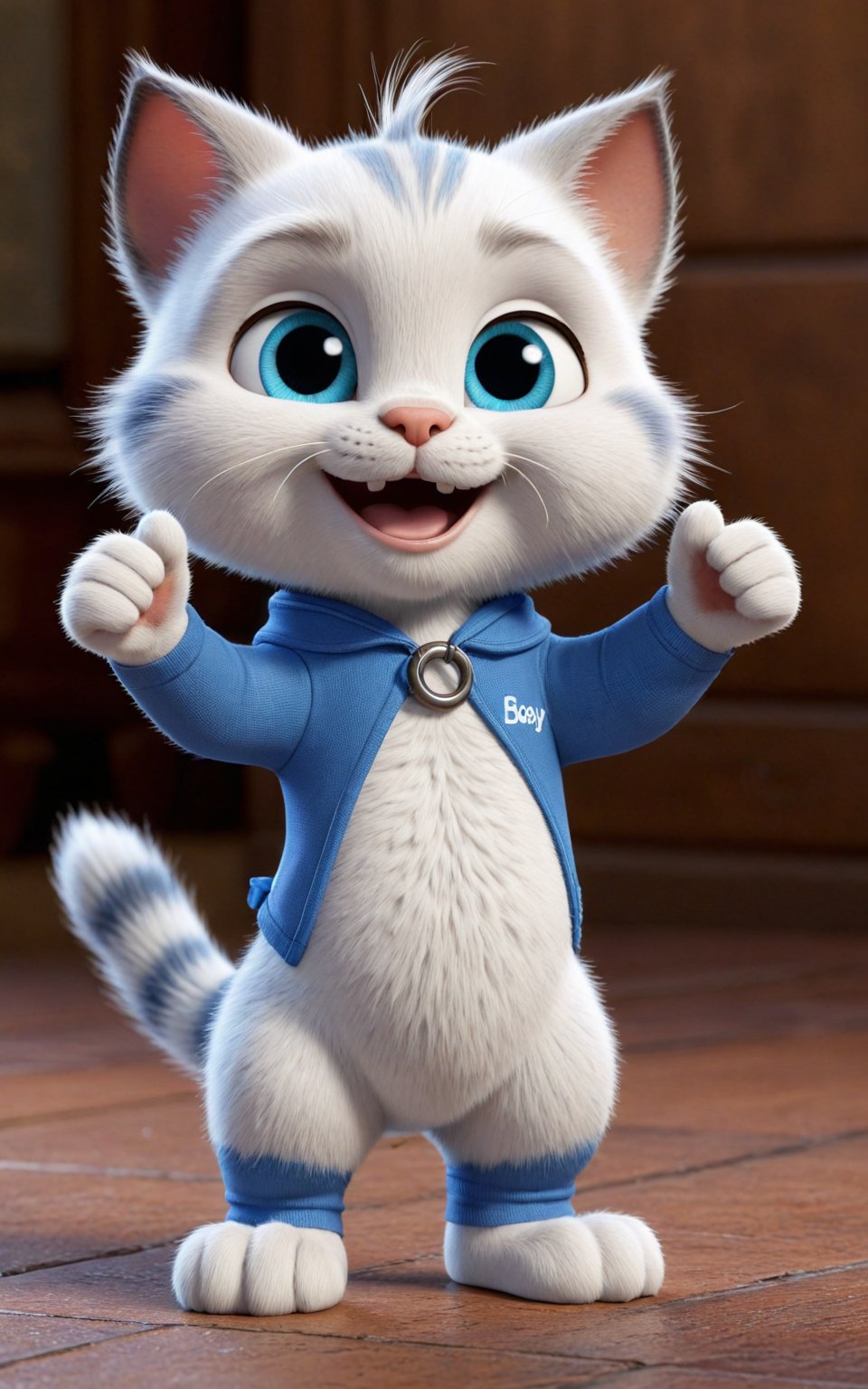 (best quality,8K,highres,masterpiece), ultra-detailed, (Baby cat with blue eyes in True Pixar illustration style), 3D character model of a baby cat with a cartoon face, exuding confidence. The cat has vibrant blue eyes and is dressed in a blue moletom, jeans, white shoes, and a blue ribbon. The whole body image depicts the cat giving a thumbs up, looking directly at the center of the image with a warm smile and a welcoming posture. The scene is rendered in the characteristic style of Pixar, capturing the playful and charming essence of the character