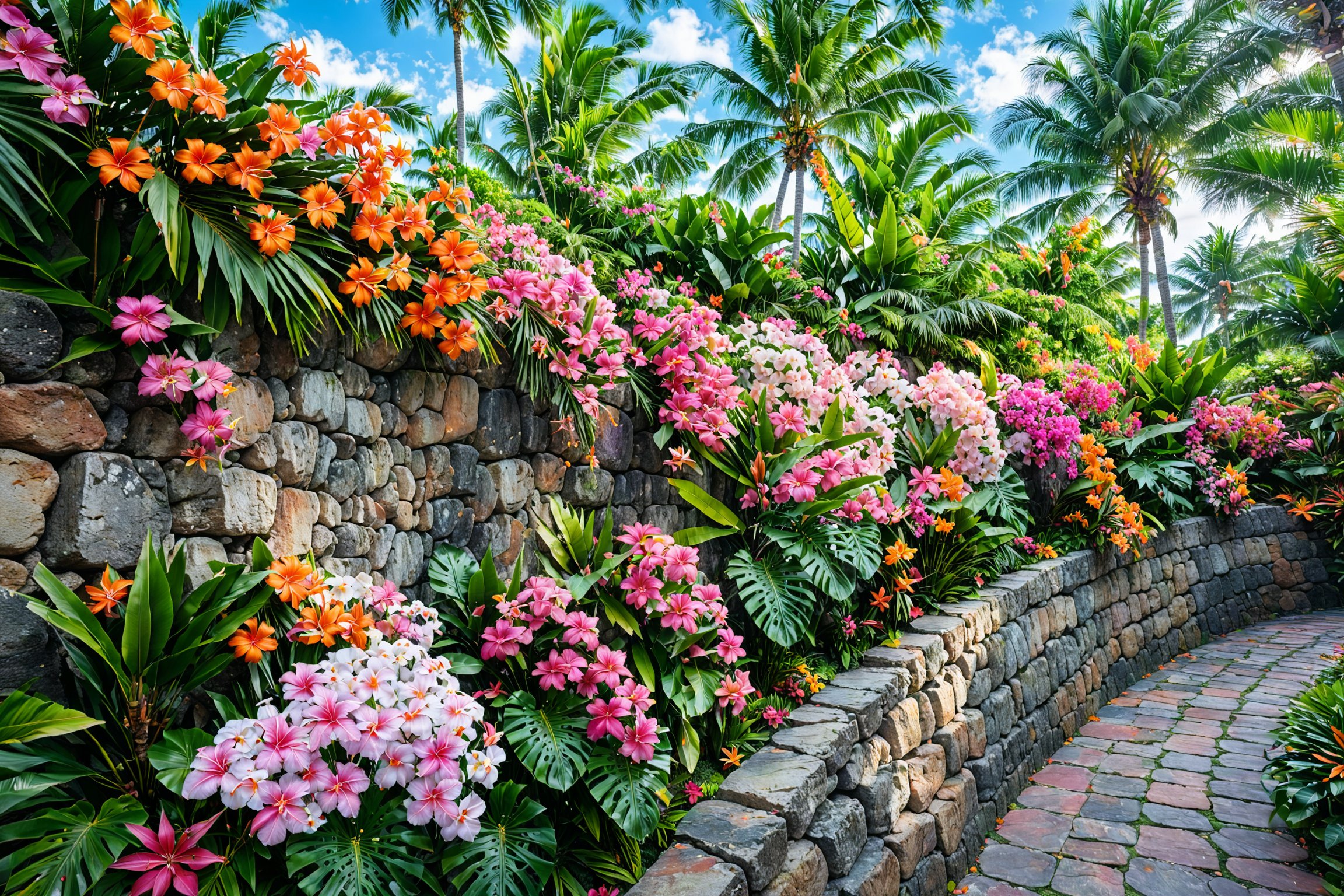 A vibrant tropical setting with a stone wall as the backdrop. The wall is adorned with a myriad of colorful flowers, ranging from pink to orange, with some even hanging down. Above the wall, tall palm trees sway gently, their fronds displaying a lush green hue. The sky is clear, suggesting a bright and sunny day. The entire scene exudes a sense of tranquility and natural beauty.