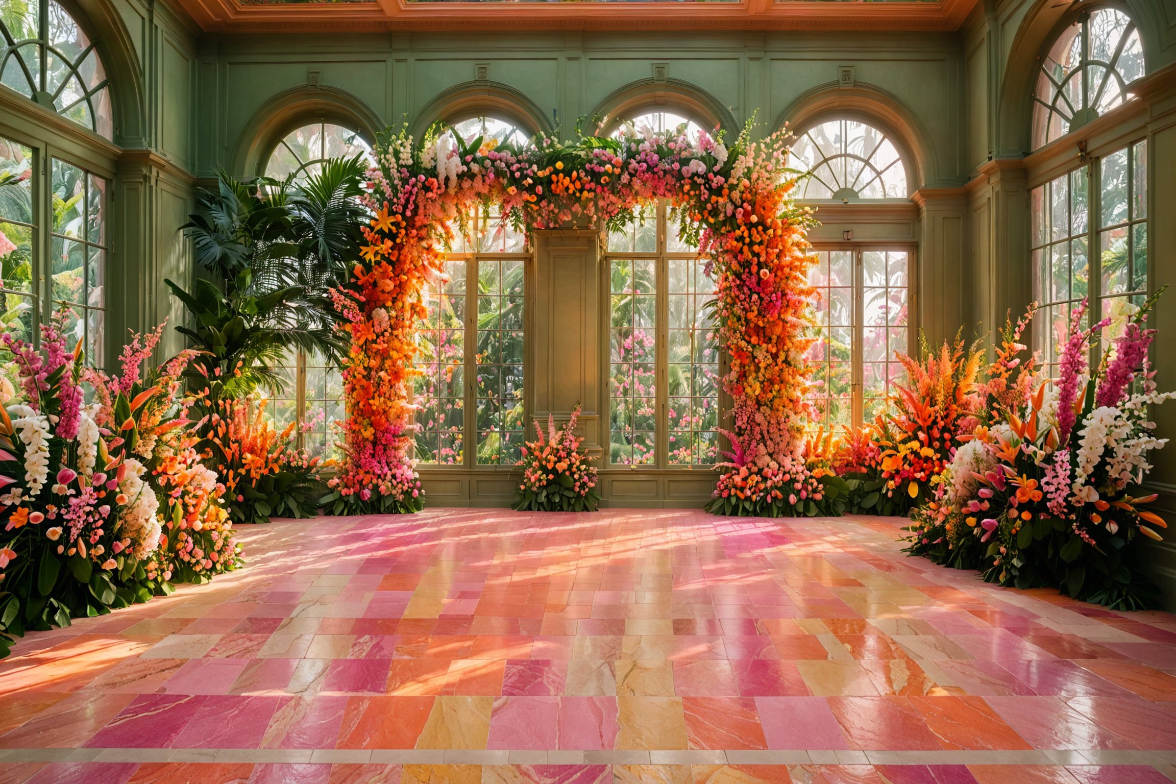 An opulent room with large arched windows that let in soft sunlight. The room is adorned with a vibrant floral arch, bursting with a myriad of flowers in hues of pink, orange, yellow, and white. The floral arrangement spans from the floor to the ceiling, creating a canopy-like effect. The walls are painted in a muted green, and the floor is made of polished stone tiles. The room's architecture, with its arched windows and intricate moldings, exudes a sense of grandeur and elegance.