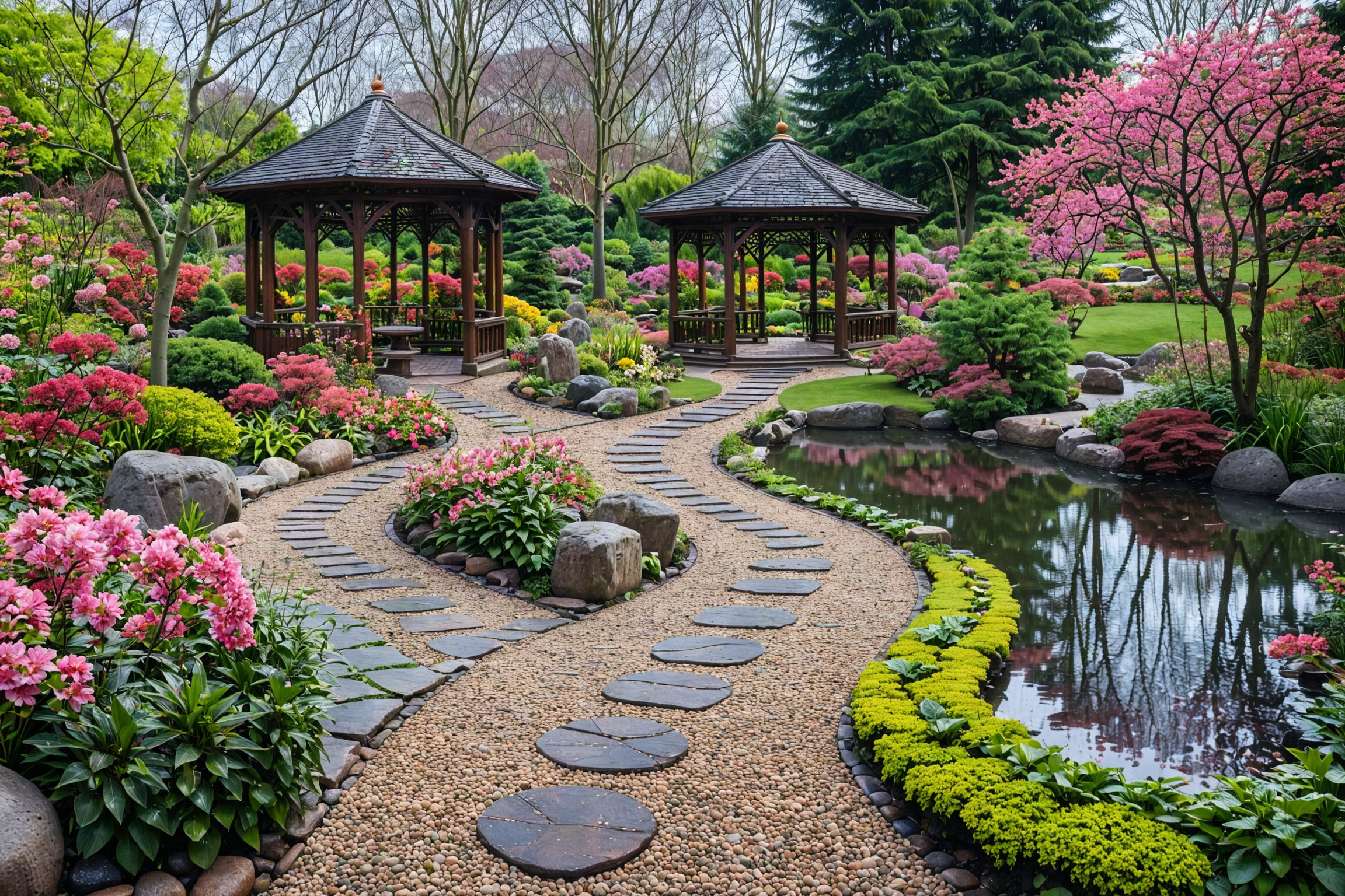 A serene and meticulously designed garden. A calm pond, bordered by stepping stones, is the central feature, reflecting the surrounding greenery and a traditional wooden gazebo. On the left, a tree with vibrant pink blossoms stands tall, contrasting with the leafless branches of another tree. The garden is adorned with a variety of plants, shrubs, and flowers, all neatly arranged. A stone pathway winds its way through the garden, leading to the gazebo. The backdrop is a dense forest, adding depth and a sense of seclusion to the scene.
