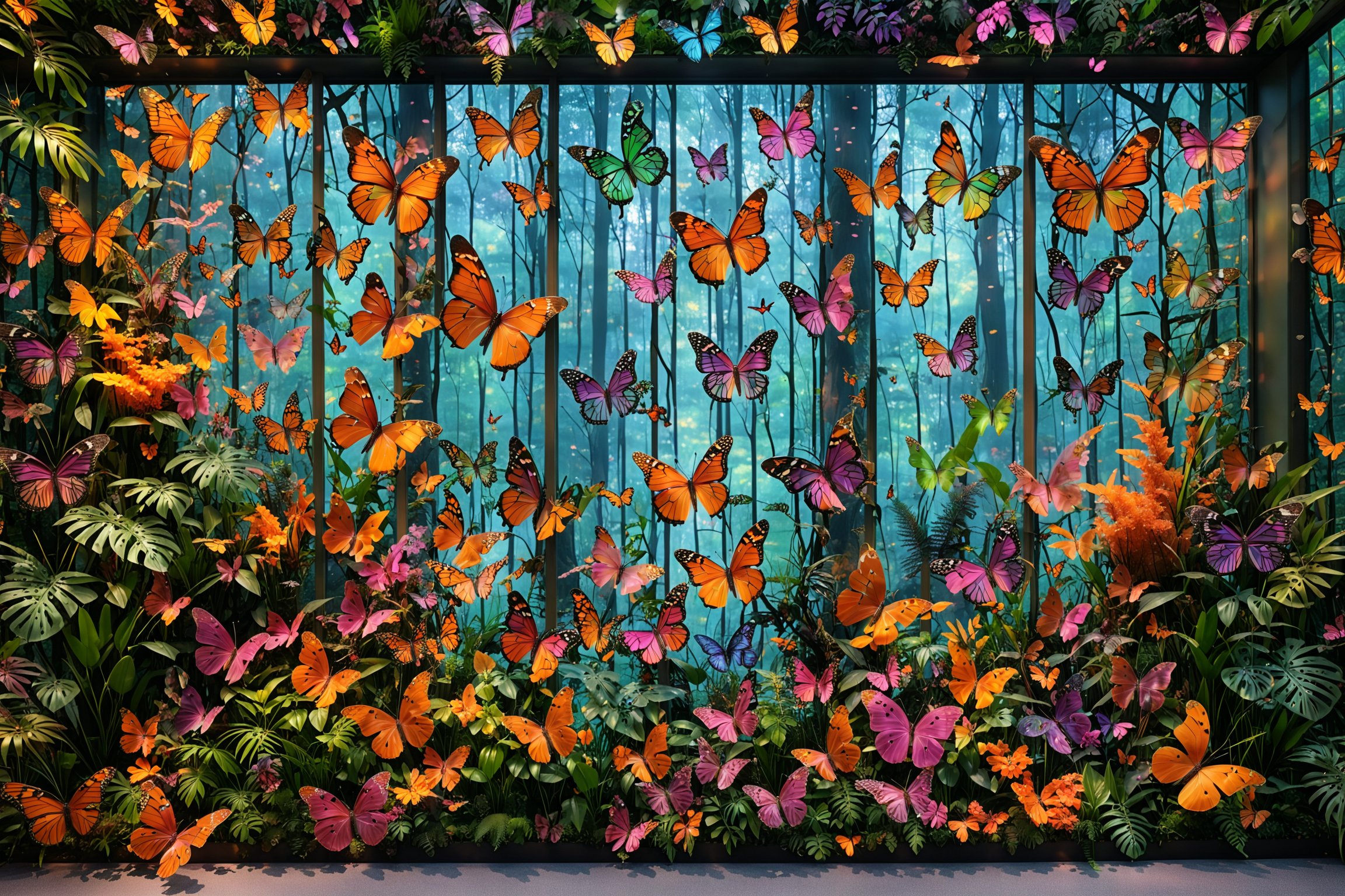 A large window or display, through which a misty forest can be seen. The window is adorned with multiple vibrant butterflies of various sizes and colors, predominantly orange with black patterns. Below the window, there's a lush arrangement of plants, flowers, and ferns in shades of green, orange, and pink. The overall ambiance of the image is serene, with the butterflies and plants creating a sense of a magical or enchanted forest.