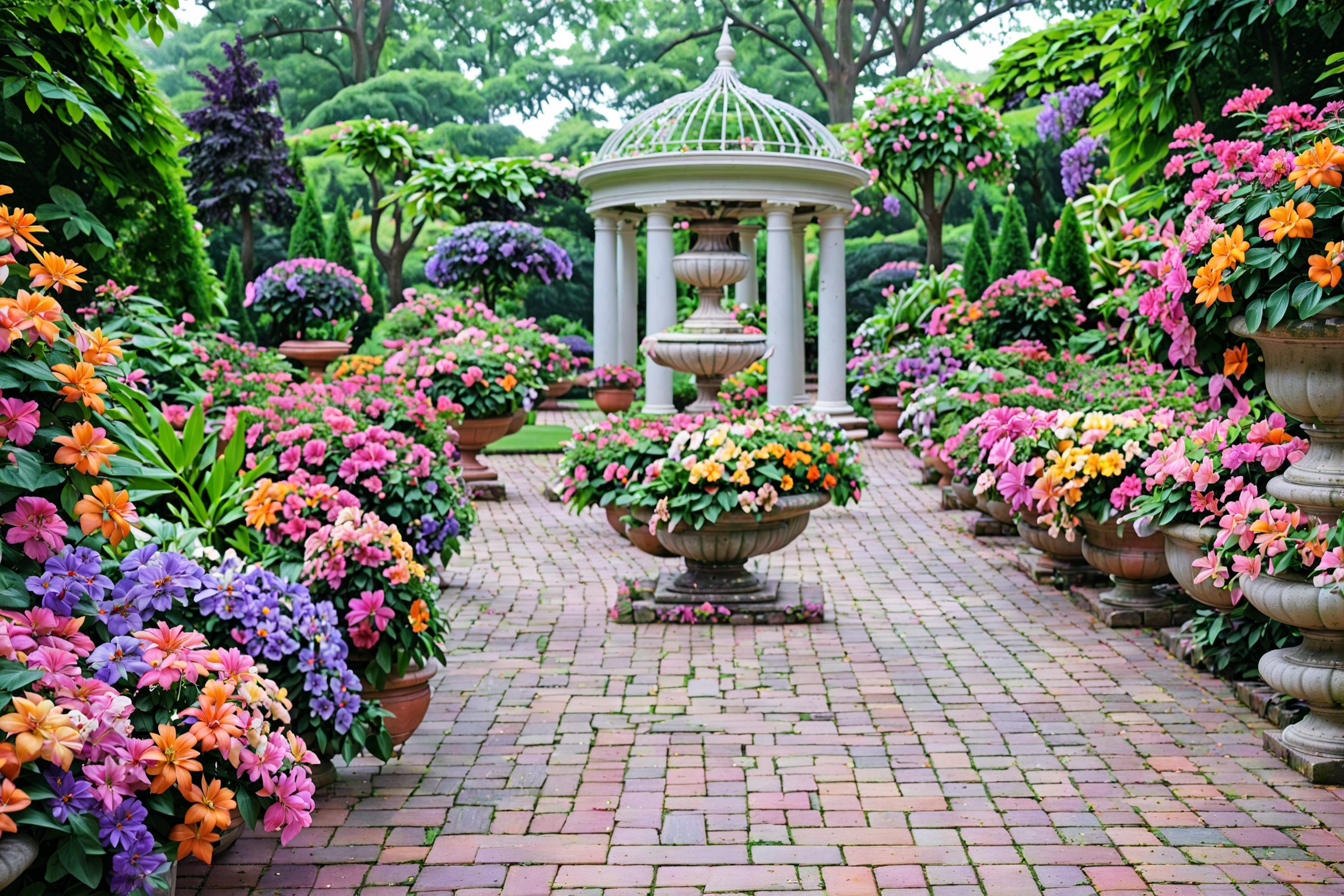 A beautifully manicured garden with a central stone urn overflowing with vibrant flowers in shades of pink, orange, yellow, and purple. Surrounding the urn are potted plants of various sizes and colors, arranged in a symmetrical fashion. A brick pathway leads the viewer's eye towards a white gazebo in the background, surrounded by lush green trees. The overall ambiance of the garden is serene and inviting, with a touch of elegance provided by the stone structures and meticulous planting.