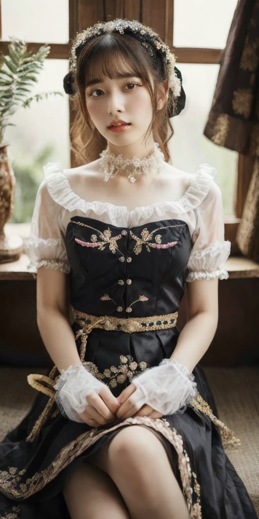 A girl in a vibrant, Baroque-inspired Harajuku Lolita ensemble, embracing an emo theme. She sits majestically, surrounded by lush greenery, with a whimsical, ornate background that complements her dress's intricate lace, pink ruffles, and embroidery. Velvet ribbons adorn the bodice, while ornate buttons and brooches embellish the voluminous skirt, featuring layers of tulle and lace. Her gaze is captivating, as she wears lace gloves, a cameo choker, and a mini top hat adorned with feathers.,Japanese style.