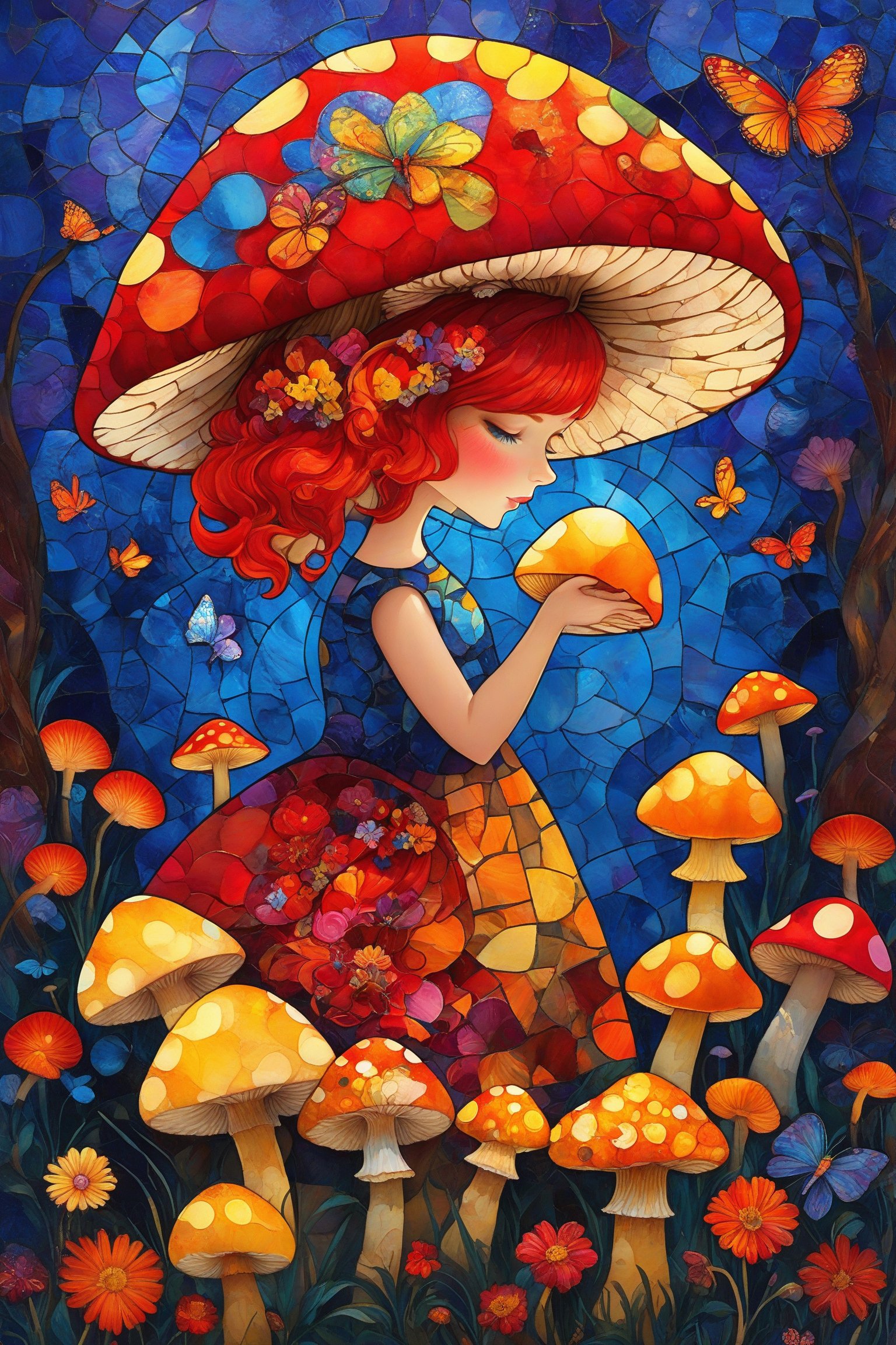 A vibrant and colorful artwork. At the center, there's a girl with red hair, wearing a patchwork dress, gently caressing a large mushroom. The mushroom has a vivid red cap with circular patterns and a golden stem. Surrounding the girl and mushroom are various other mushrooms, flowers, and butterflies. The background is a mosaic of blue tones, with abstract patterns and swirls, giving the entire scene a dreamy and magical ambiance.