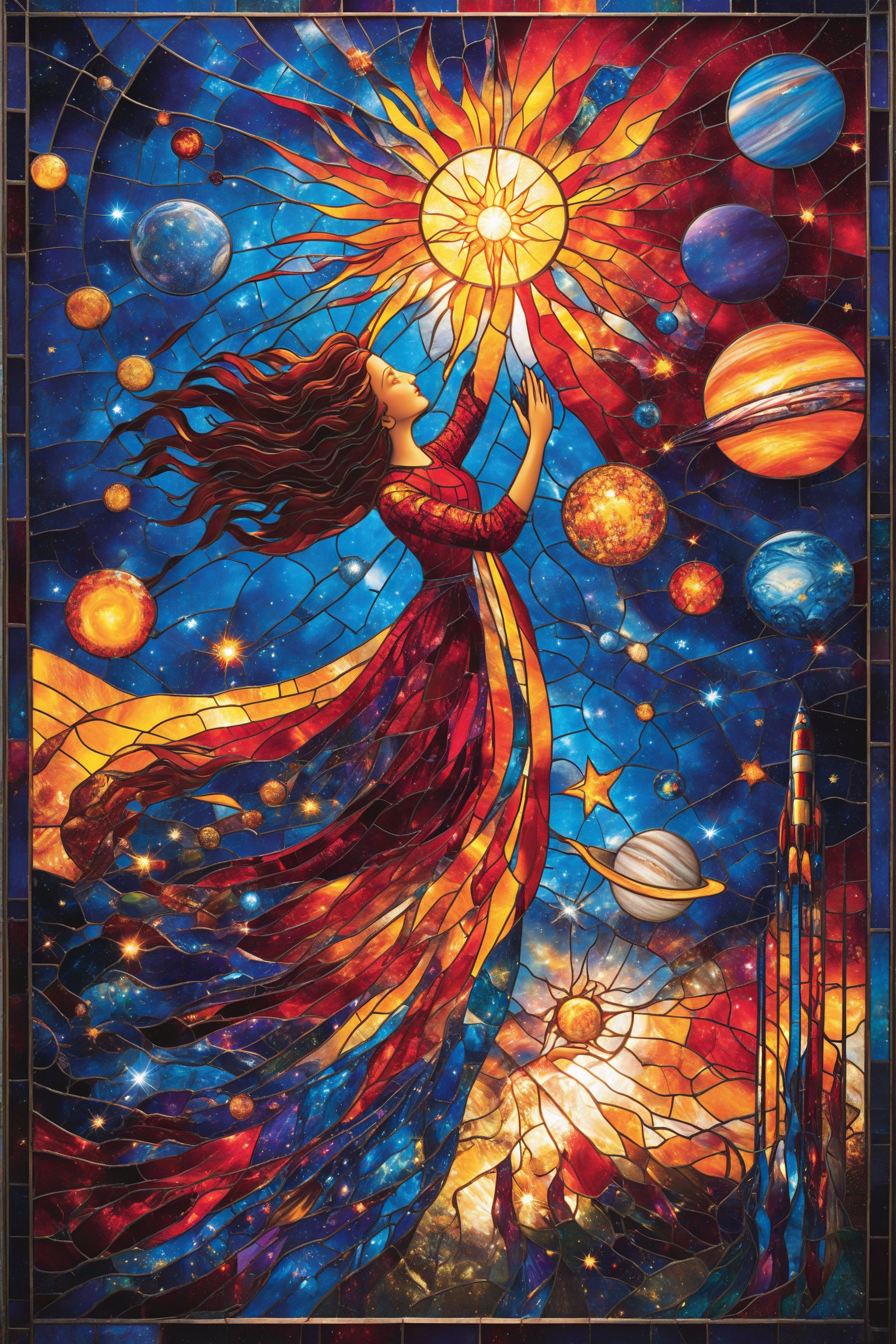 A vibrant stained glass artwork. At its center, there's a silhouette of a woman with flowing hair, reaching out towards a radiant sun. Surrounding her are various celestial bodies like planets, stars, and a rocket. The background is a mesmerizing blend of blues, reds, and yellows, depicting the vastness of space. The woman's dress seems to merge with the cosmos, with its colors and patterns echoing the surrounding universe.