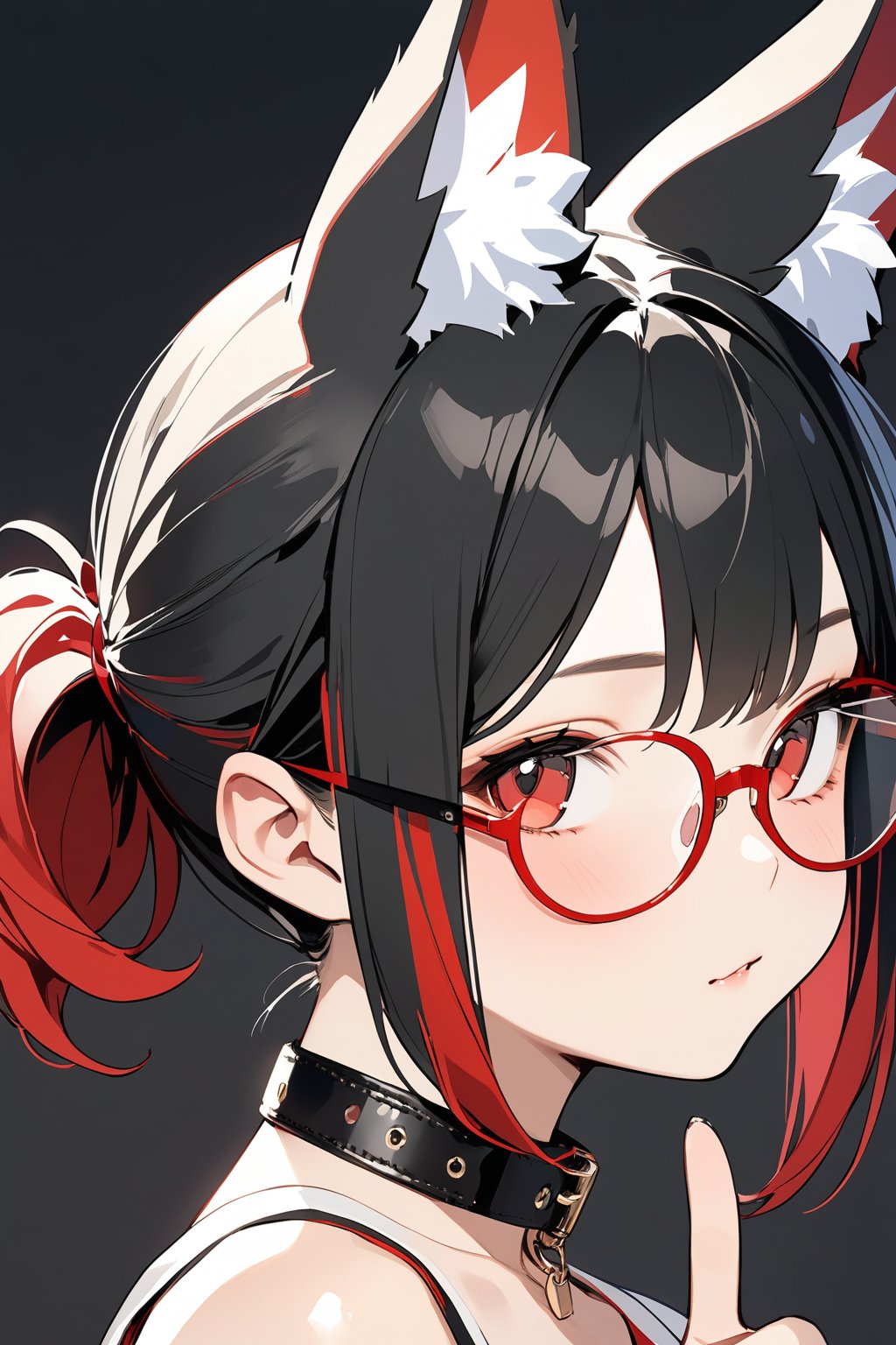 //quality, (masterpiece:1.4), (detailed), ((,best quality,)),//,1girl,solo,Tekeli,black fox ears,animal ear fluff,black fox tail,black hair,red inner hair,short ponytail,sidelocks,red eyes,red_glasses,fashion,cat_collar,blush,looking_at_viewer,from_side,(,v,v-sign:1.4)