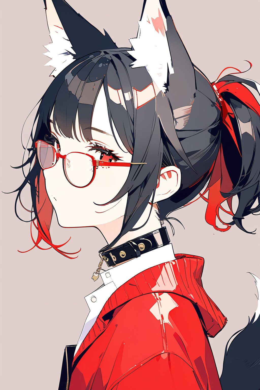 //quality, (masterpiece:1.4), (detailed), ((,best quality,)),//,1girl,solo,Tekeli,black fox ears,animal ear fluff,black fox tail,black hair,red inner hair,short ponytail,sidelocks,red eyes,red_glasses,fashion,cat_collar,blush,looking_at_viewer,from_side,(v:1.4)