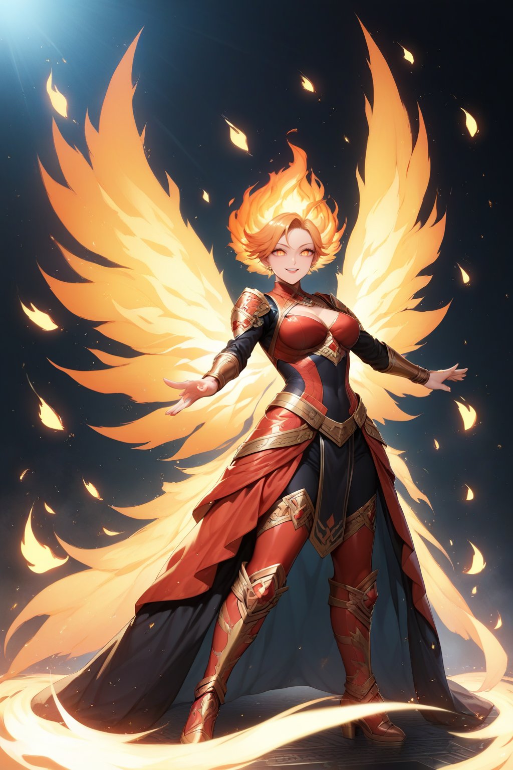Score_9, Score_8_up, Score_7_up, Score_6_up, Score_5_up, Score_4_up, masterpiece, best quality,
BREAK
1girl, solo, full_body, black background, FuturEvoLabFlame, FuturEvoLabgirl,
fire wings, glowing embers, intense flames, dynamic fire effects, vibrant orange and red, fiery aura, detailed fire particles, flame burst, dramatic lighting, ethereal glow