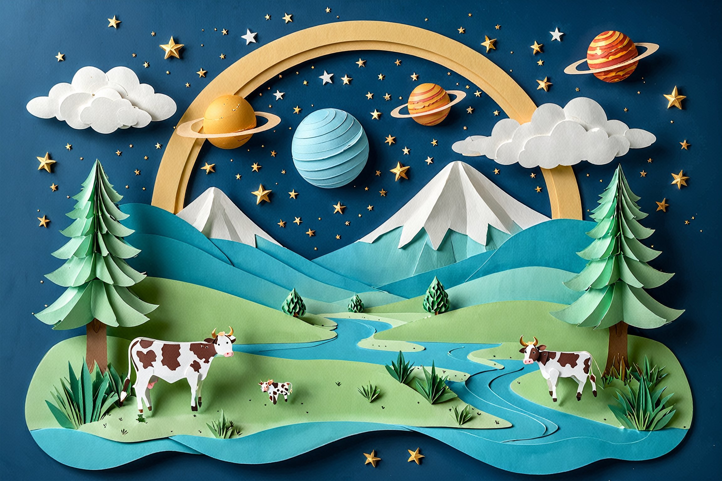 A picturesque landscape, possibly a papercraft representation. Dominating the scene is a large, crescent moon set against a starry night sky. Below, there are two snow-capped mountains, with a winding river flowing through a lush green valley. The valley is dotted with trees, bushes, and a solitary cow grazing by the riverbank. Above, there are fluffy white clouds and a few planets, adding to the surreal nature of the scene. The entire composition is set against a deep blue background, creating a serene and dreamy atmosphere.