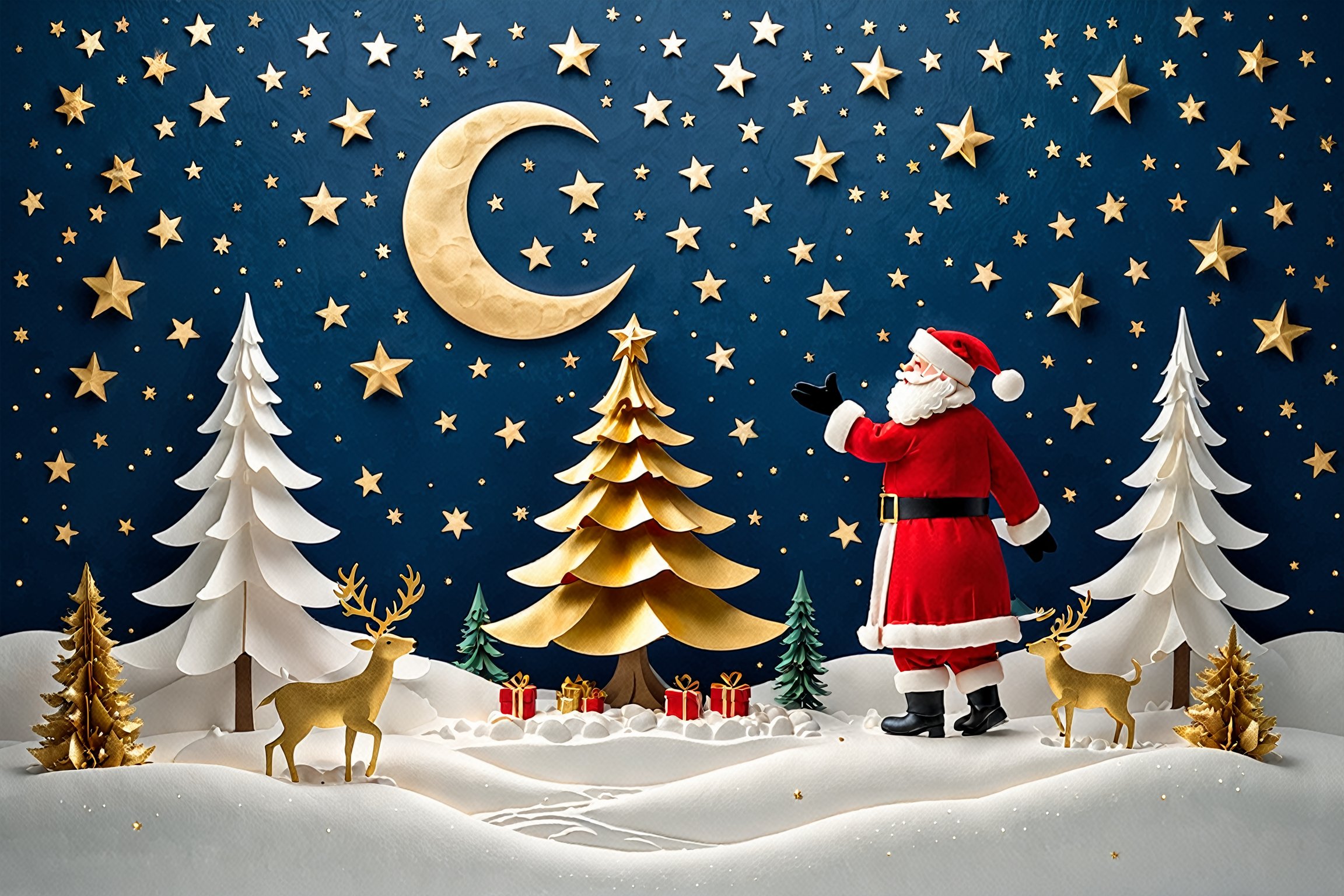 Here's your whimsical nighttime scene:

A dreamy winter wonderland unfolds against a velvety deep blue backdrop, where a luminous crescent moon, studded with twinkling stars, takes center stage amidst puffy clouds of varying sizes. Santa Claus, resplendent in his iconic red suit, hovers mid-air, outstretched hand poised to bestow a star upon a majestic golden Christmas tree standing tall on a snowy clearing. The tree's delicate branches sway gently, as two identical companions stand sentinel at the image's base. Soft, ambient lighting bathes the entire scene in an ethereal glow, conjuring a sense of enchantment and wonder. Papercraft details abound, with intricate cutouts and layered textures adding depth and visual interest to this captivating nighttime tableau.