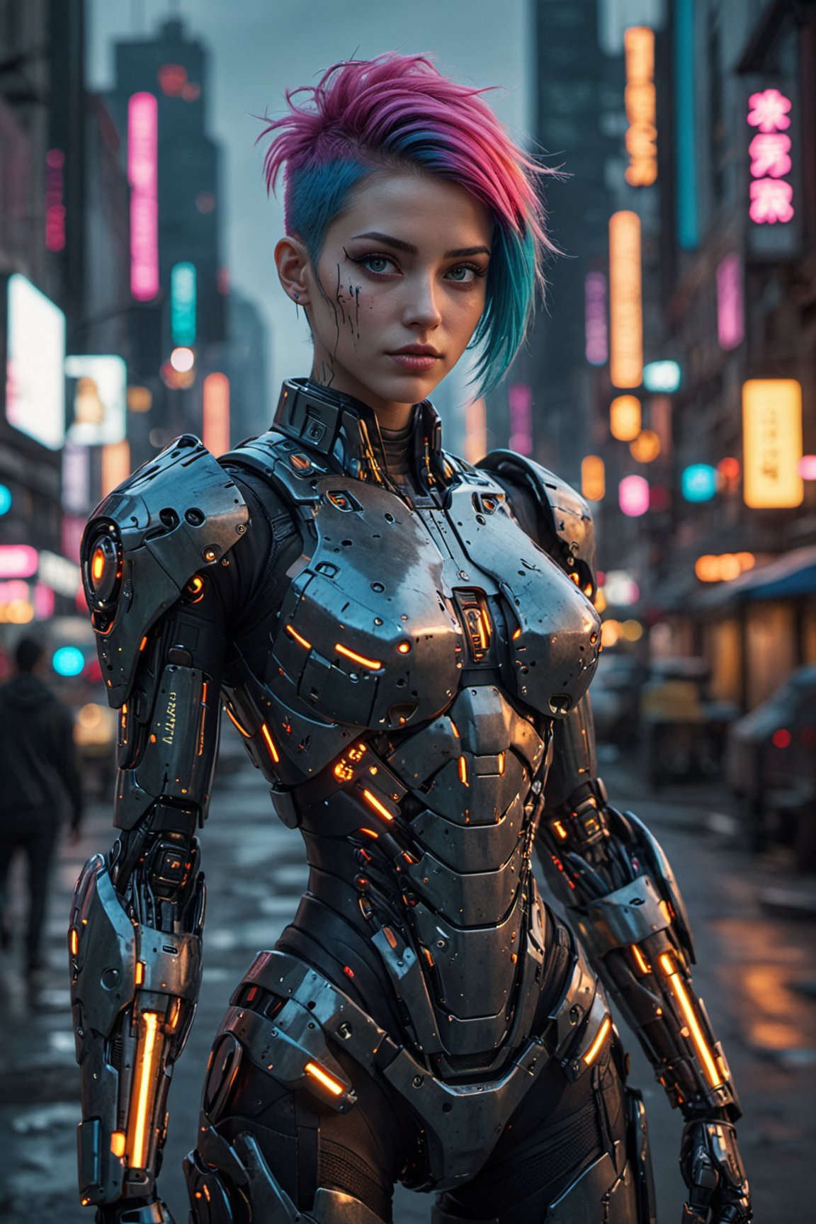 1girl, solo, cyberpunk Armor suit, undercut hair, multicolored neon hair, large hazel eyes, full lips, robotic body, mechanical arms, robot skin, android, parted lips, outcropping, futuristic city, dark sci-fi, volumetric lighting, cinematic, vibrant, highly detailed, looking at camera 
