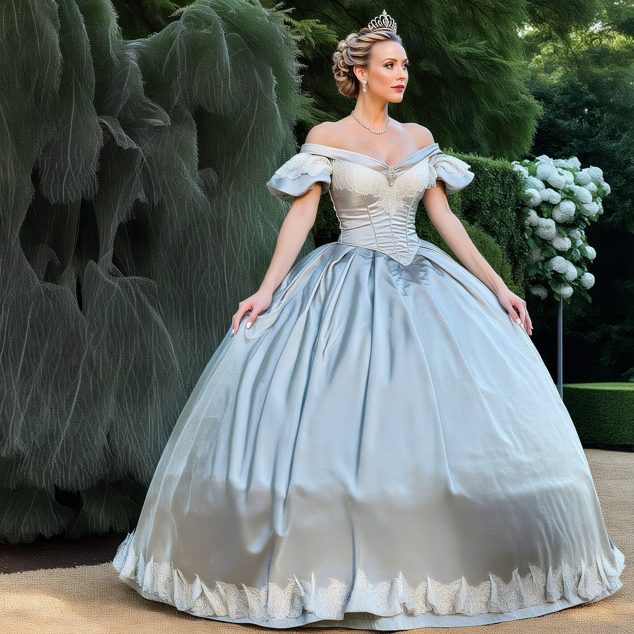 full height photo of beautiful woman, hair in updo with tiara, in formal victorian garden, wearing silver satin gown with ruffles and lace, romantic lighting,hoopdress,r