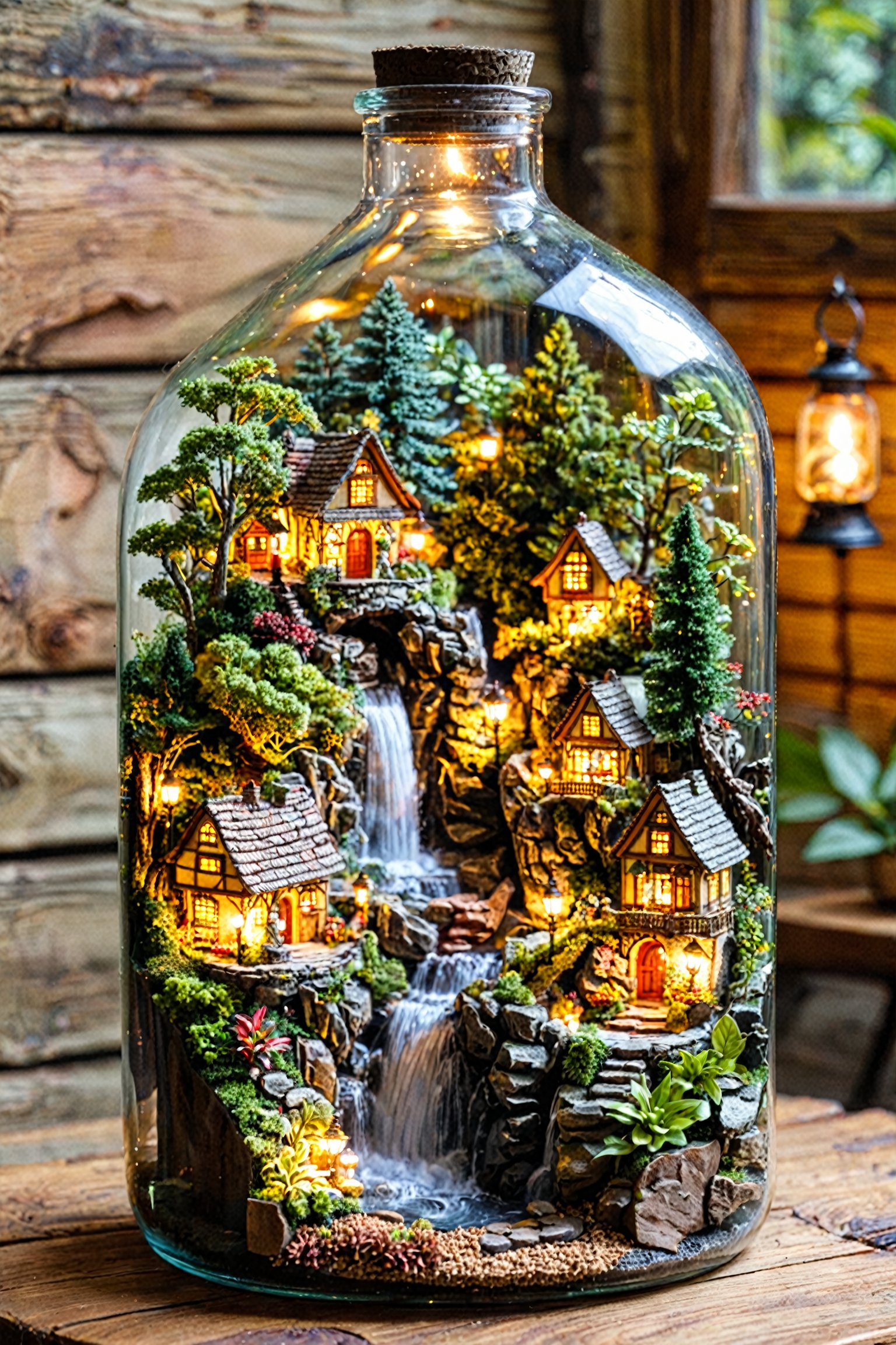 A meticulously crafted miniature scene inside a glass bottle. The bottle is placed on a wooden surface. The miniature world within the bottle consists of intricately designed houses, trees, and a waterfall. The houses have detailed roofs, windows, and doors. There are also lanterns illuminating certain parts of the scene, giving it a warm, cozy ambiance. The waterfall cascades down rocky terrain, and there are various other elements like bridges, pathways, and decorative plants.