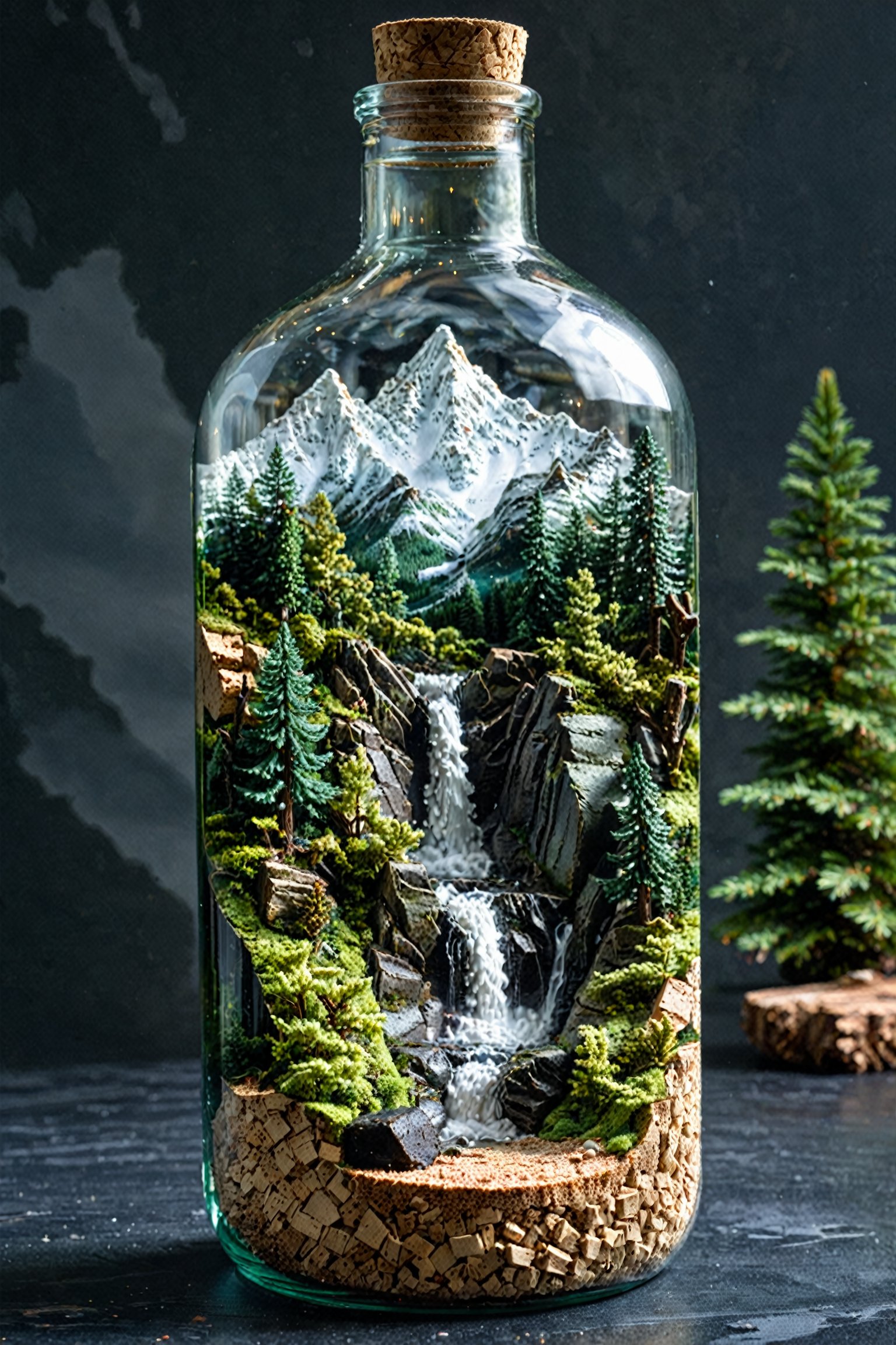 A glass bottle with a cork lid. Inside the bottle, there's a miniature landscape. It features snow-capped mountains in the background, a dense forest of evergreen trees in the middle, and a cascading waterfall at the bottom. The bottle is placed on a dark surface with a subtle reflection of the bottle and its contents.