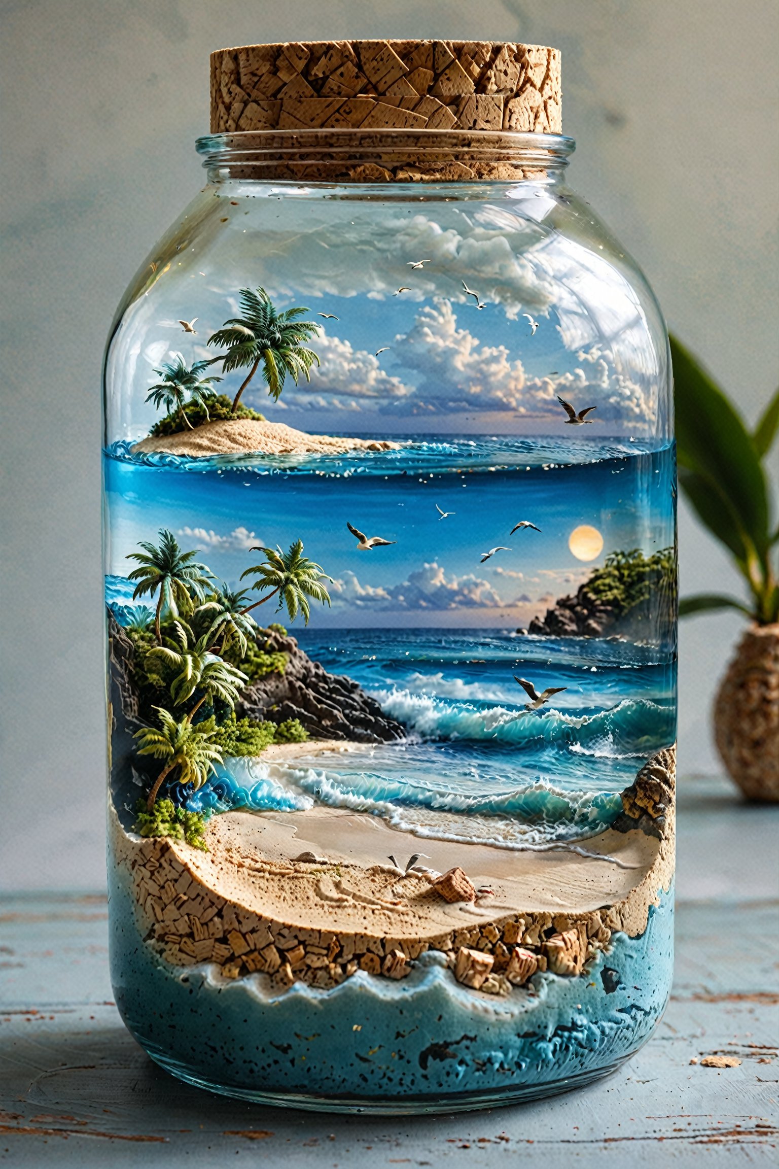 A glass jar with a cork lid. Inside the jar, there's a miniature representation of a tropical beach scene. The top layer of the jar depicts a serene beach with palm trees, a clear blue sky with fluffy clouds, and a few birds flying. The water is calm with gentle waves. The bottom layer of the jar reveals a rocky coastline with waves crashing against the rocks. The entire scene is encapsulated within the jar, creating a surreal and captivating visual.