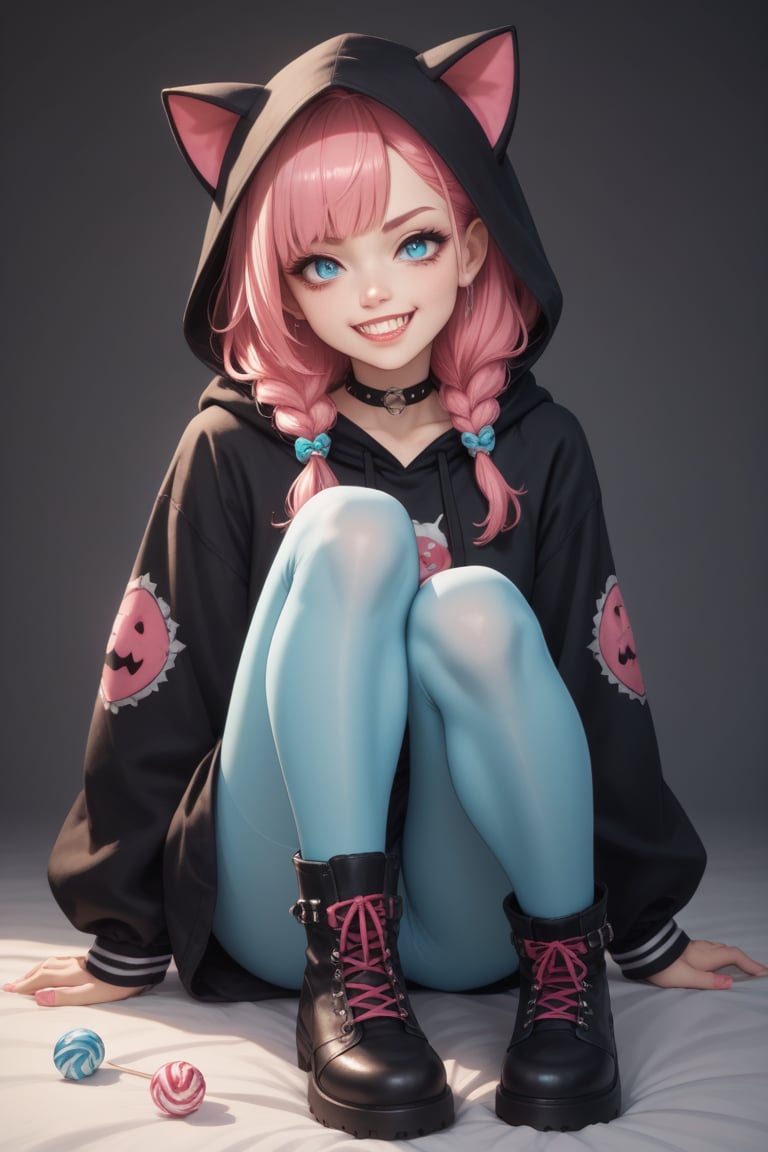  score_9, score_8_up, score_8,vtuber,grin face,vampire teeth,
cute anime characters,Beautiful blue eyes,asymmetric bangs,candy punk Fashion,Hooded hoodie shaped like a cute kitten,cat ear hood,Pastel colored clothes based on blue and pink,Gothic Style tights, long military boots, 