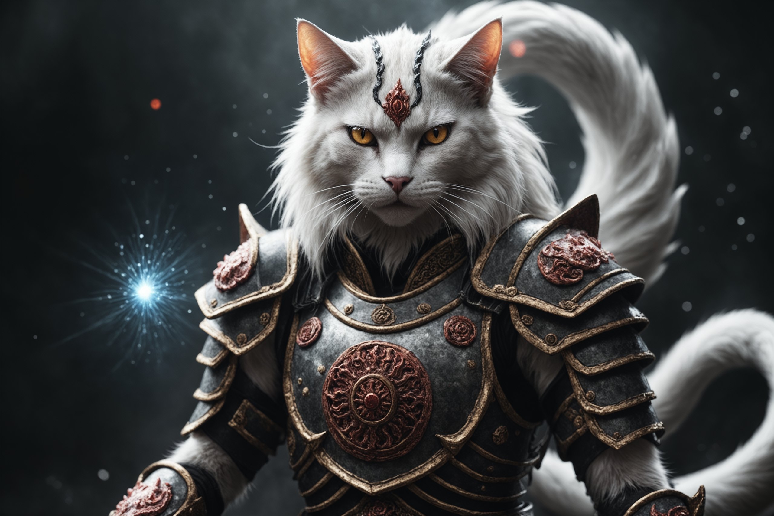 photo, a cat demon, asian_mythology, seven tailed, wearing armor, epic, dark atmosphere, magic particles 