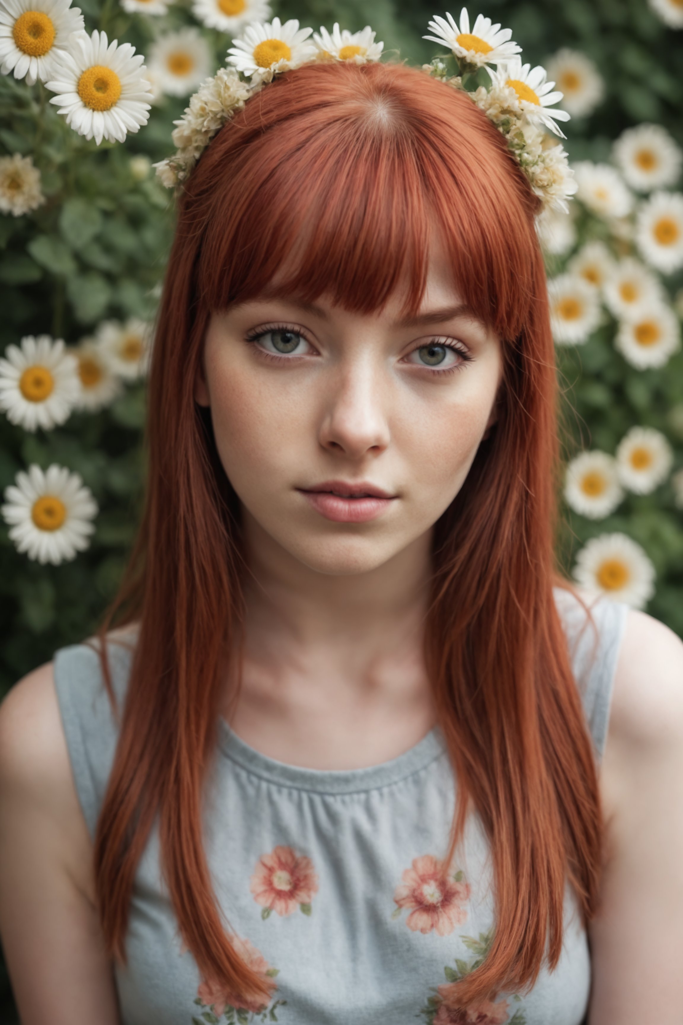 photo, face, woman, 21 years old, red hair, front bangs, flowers 