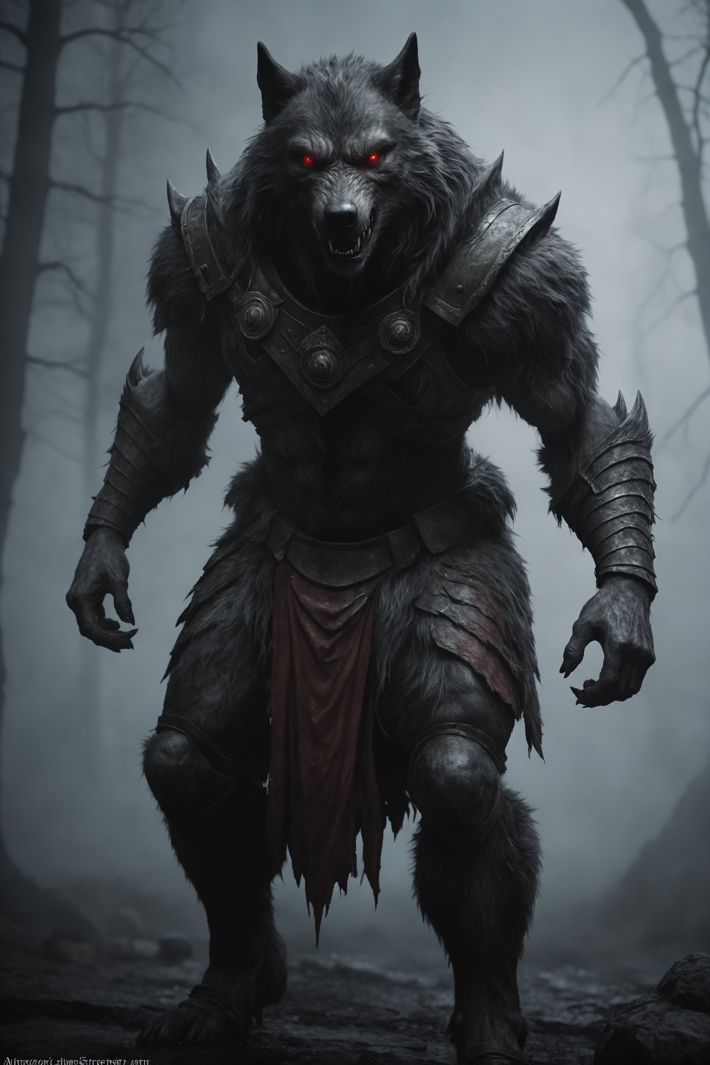cinematic, werewolf, inricate armor, wrathful eyes, epic, absurdres, dark atmosphere, fog 