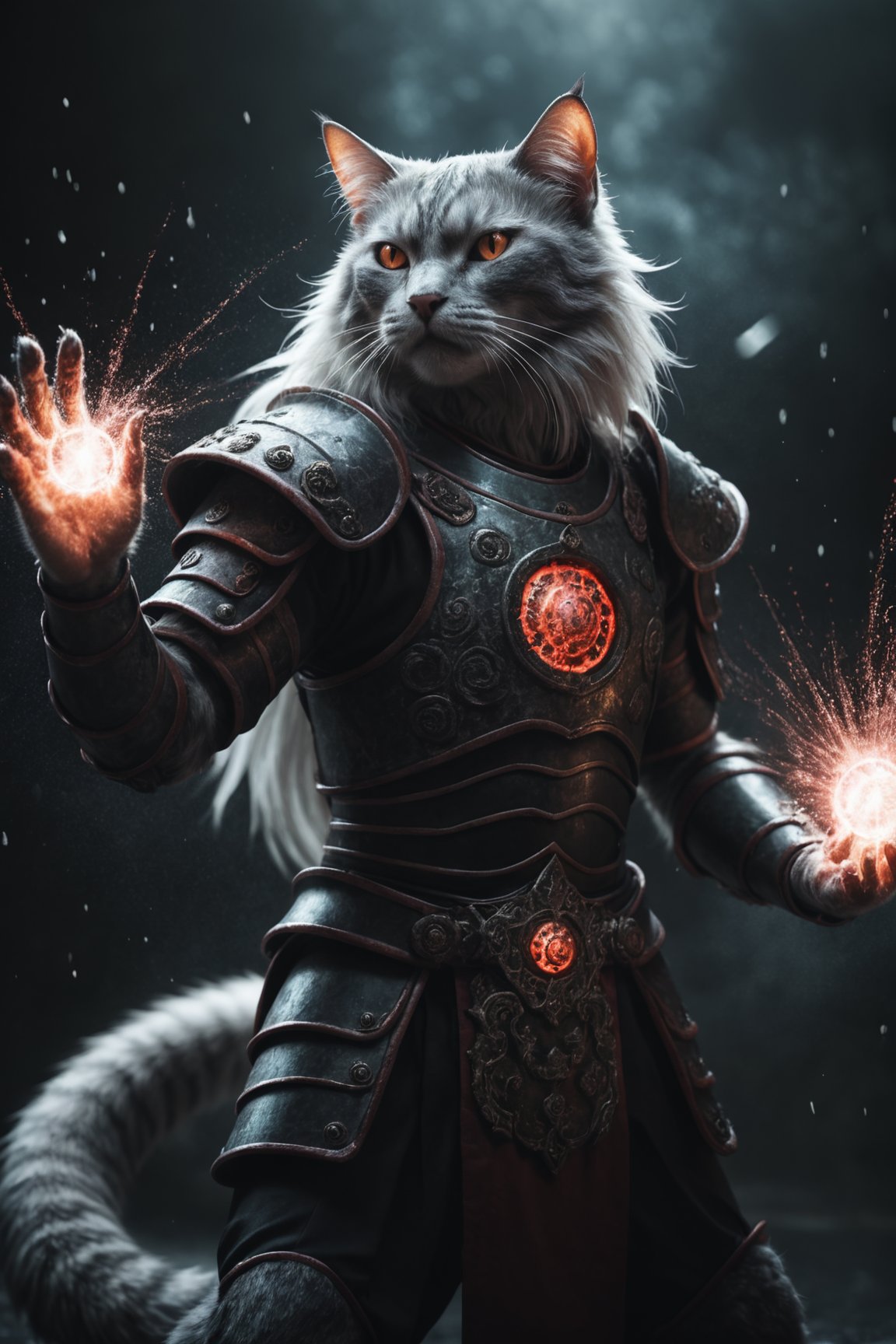 photo, a cat demon, asian_mythology, seven tailed, wearing armor, epic, dark atmosphere, magic particles 