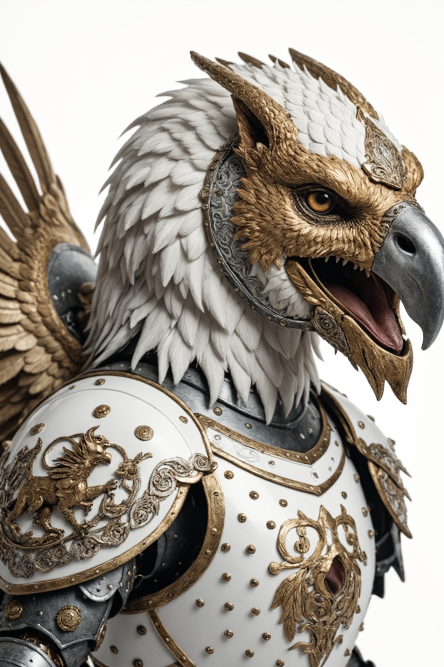 photo, a griffin, intricate armor, white background absurdres