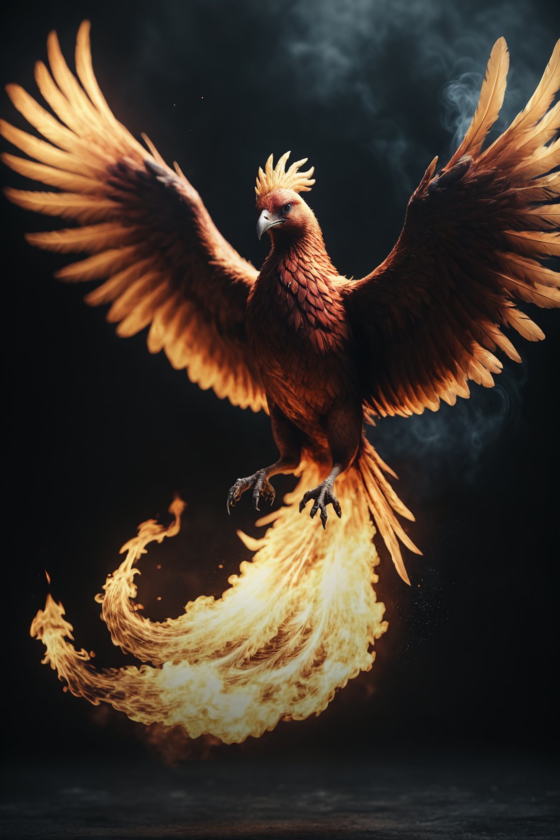 photo, a burning phoenix, flying burning feathers, epic, dark atmosphere, cinematic