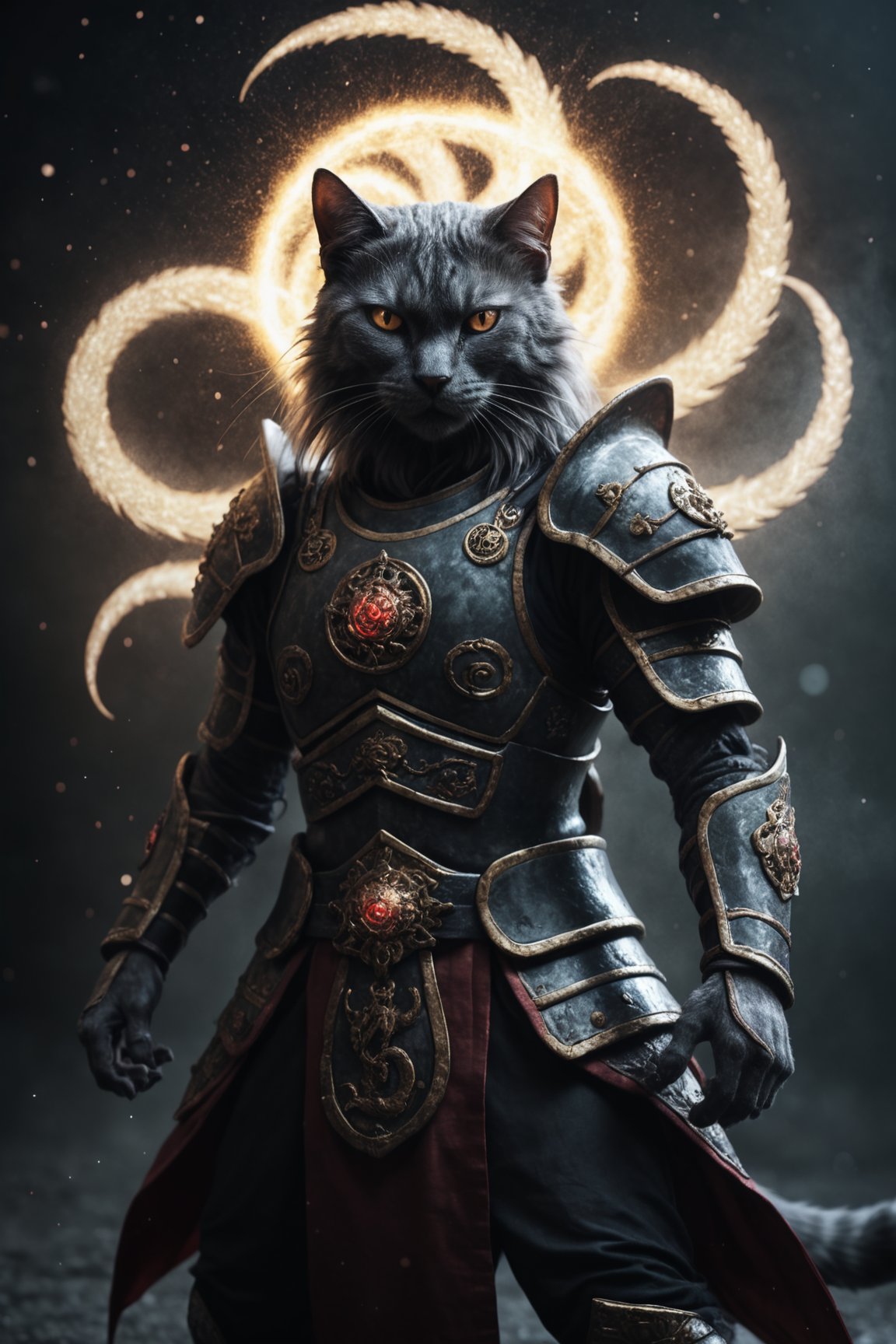 photo, a cat demon, asian_mythology, seven tailed, wearing armor, epic, dark atmosphere, magic particles 