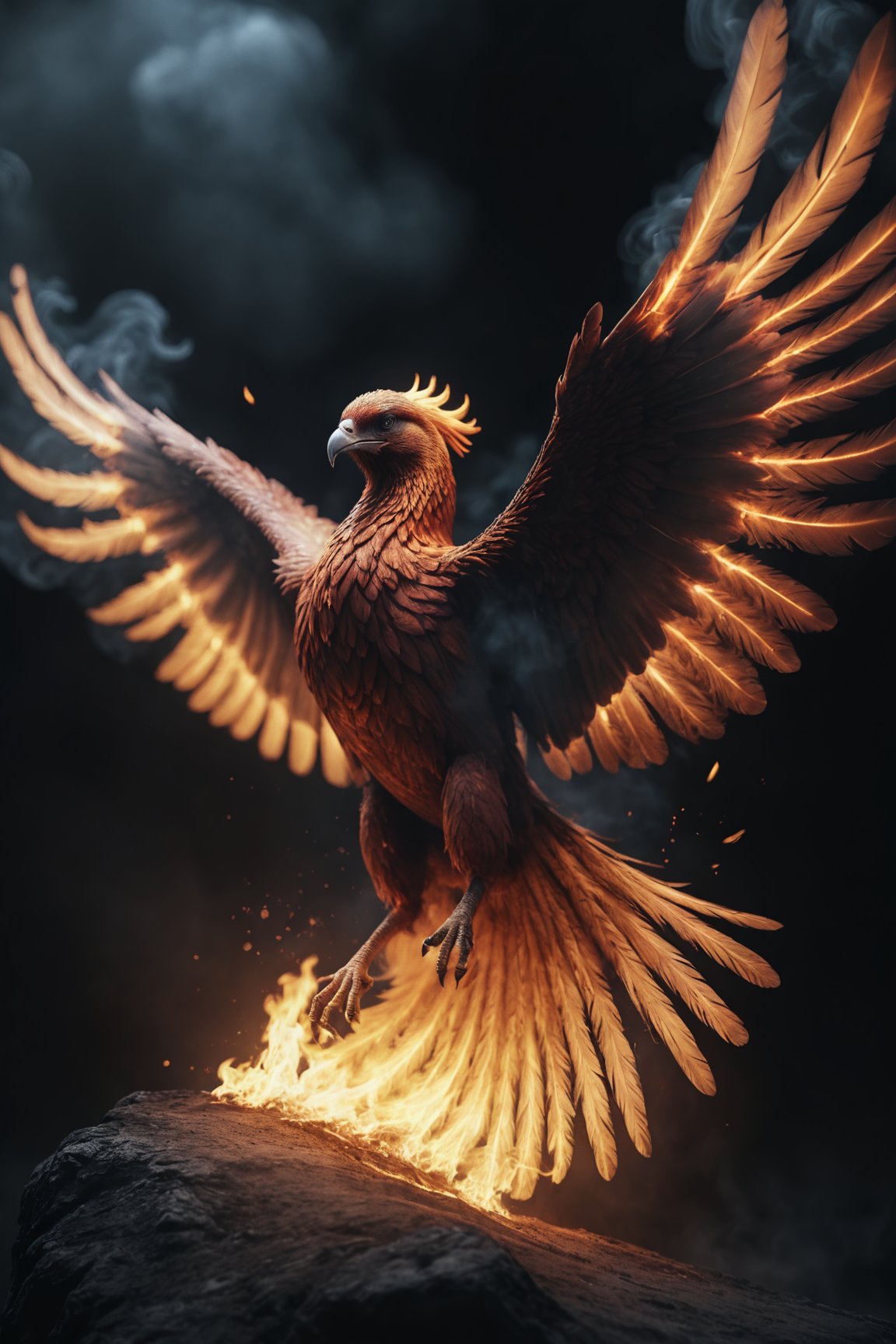 photo, a burning phoenix, flying burning feathers, epic, dark atmosphere, cinematic