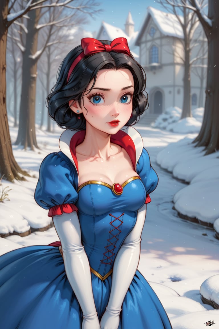 score_9, score_8_up, score_8, Craft a high-detailed image featuring Snow White, the iconic Disney character. Envision her with intricate details, beautiful features, and set against a perfect backdrop. Request a photo-realistic masterpiece in 32k ultra HDR resolution, capturing the charm and magic of this beloved Disney princess.