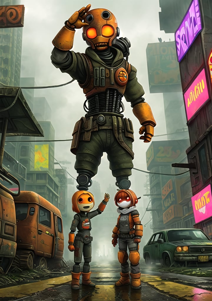 Rusty humanoid robot stands tall on a desolate urban street, orange head and large black eyes surveying the fog-shrouded ruins of abandoned vehicles and dilapidated buildings. Neon signs and advertisements cast a futuristic glow amidst the devastation, as the robot raises its right hand near its head, examining or waving at something unseen in the misty atmosphere.