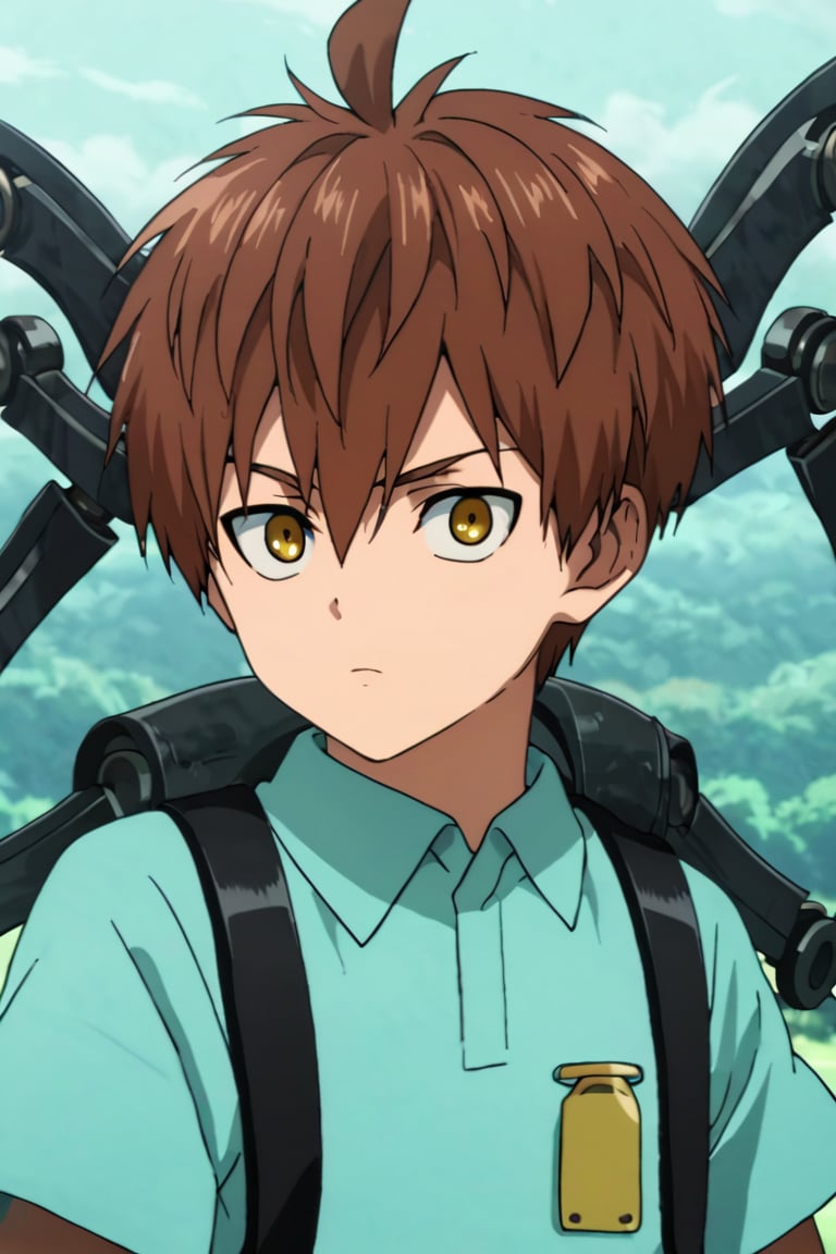 score_9,score_8_up,score_7_up,source_anime,1boy, male, solo,  looking at viewer,Child Emperor,Isamu,brown hair, yellow eyes,short hair, ahoge, mechanical arms,weapon, outdoors, close-up,