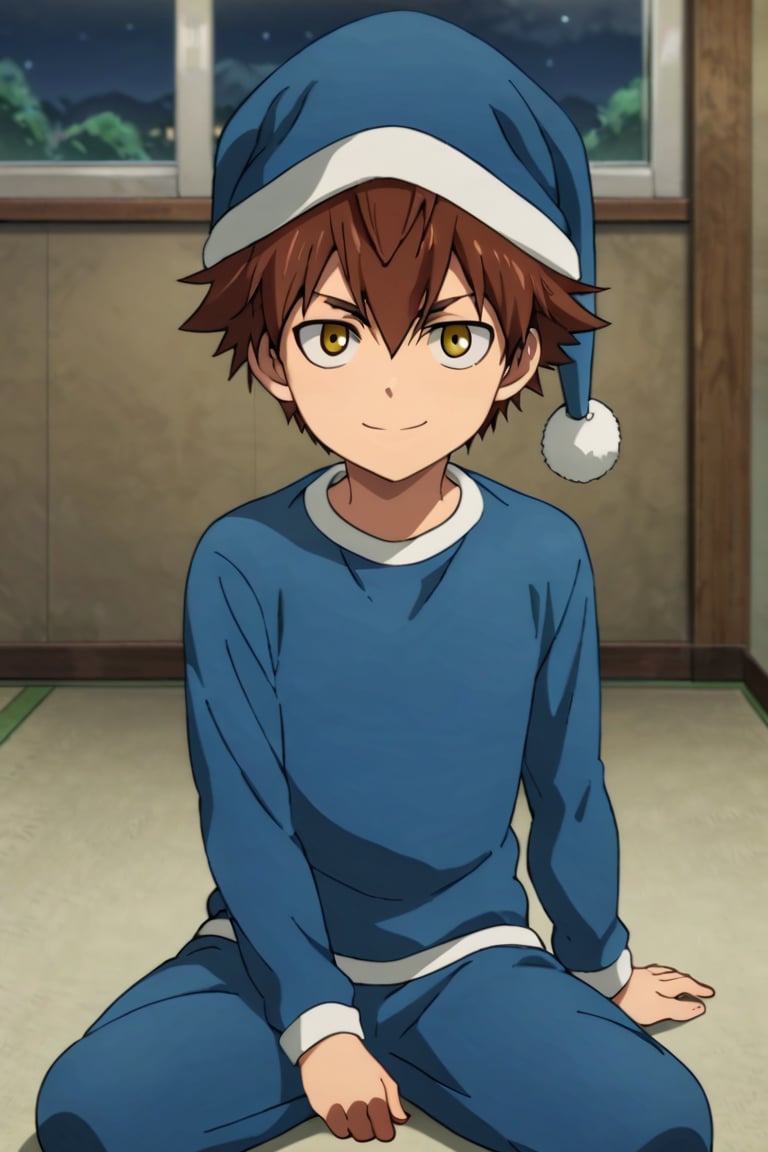 score_9,score_8_up,score_7_up,source_anime,1boy, male, solo,  looking at viewer,Child Emperor,Isamu,brown hair, yellow eyes,short hair, nightcap,pajamas, indoors, night, sitting, smile,