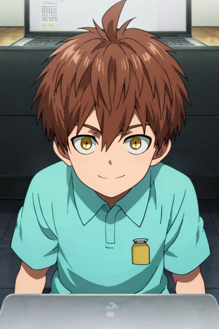 score_9,score_8_up,score_7_up,source_anime,1boy, male, solo,  looking at viewer,Child Emperor,Isamu,brown hair, yellow eyes,short hair, ahoge, laptop, smile 