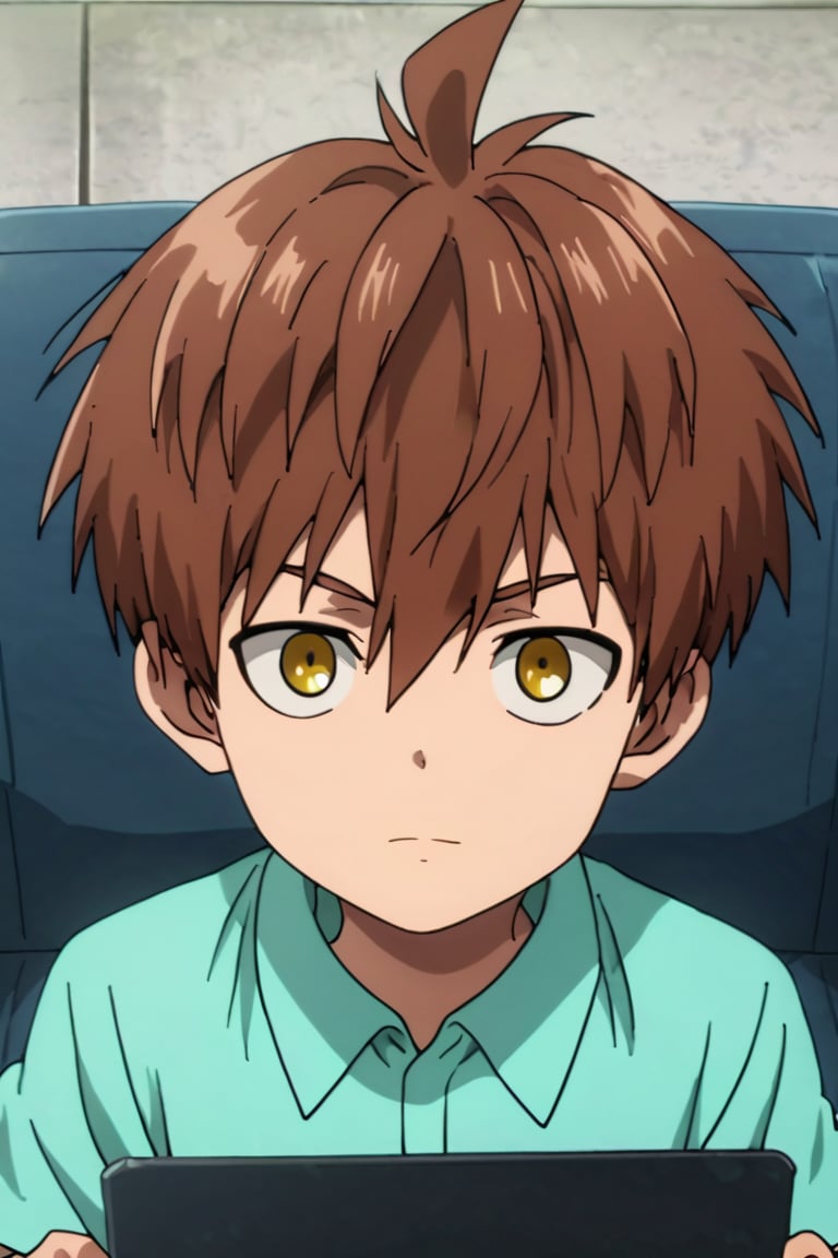 score_9,score_8_up,score_7_up,source_anime,1boy, male, solo,  looking at viewer,Child Emperor,Isamu,brown hair, yellow eyes,short hair, ahoge, holding laptop, laptop,